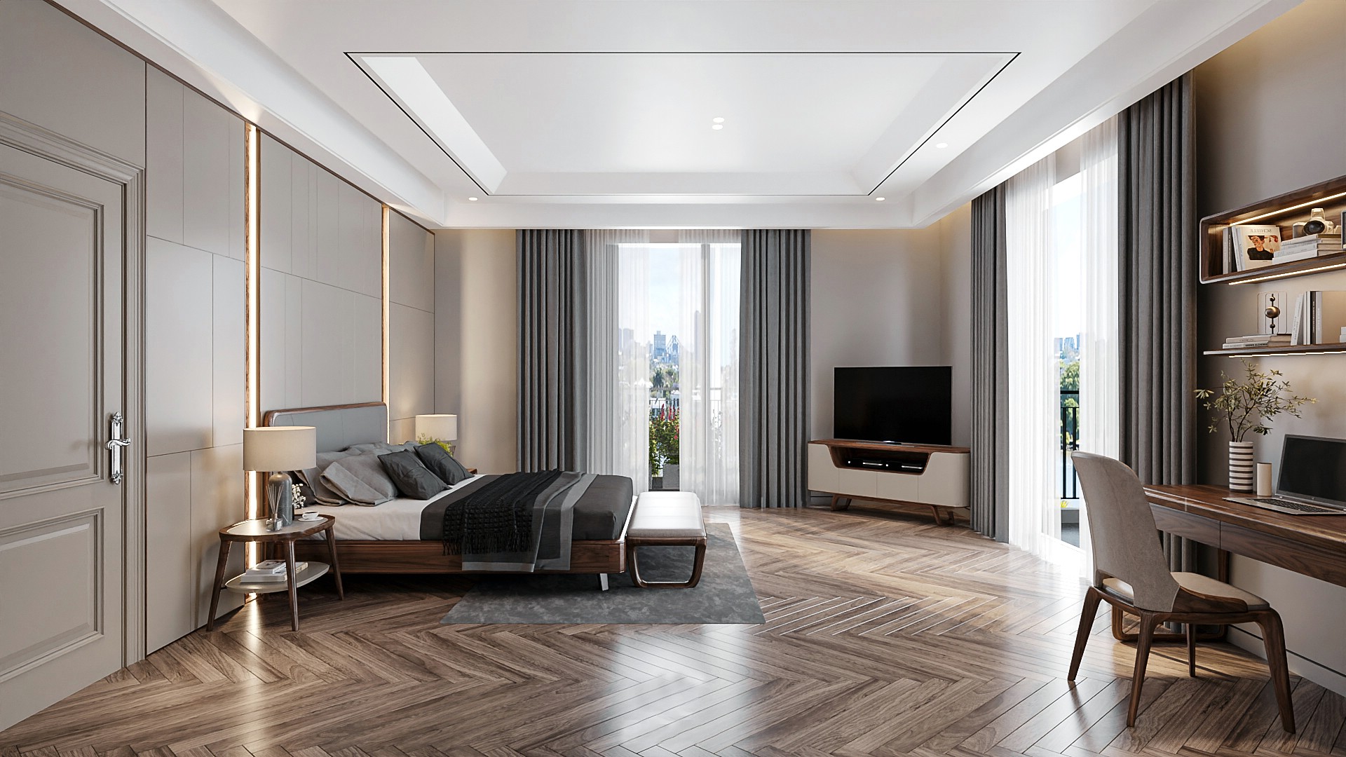 Phòng ngủ tối giản với giường hộp thấp chân kim loại, kệ tivi oval đặt chéo góc, bàn làm việc 2 ngăn kéo, kệ treo tường và sàn xương cá nâu gụ, cột ốp LED âm