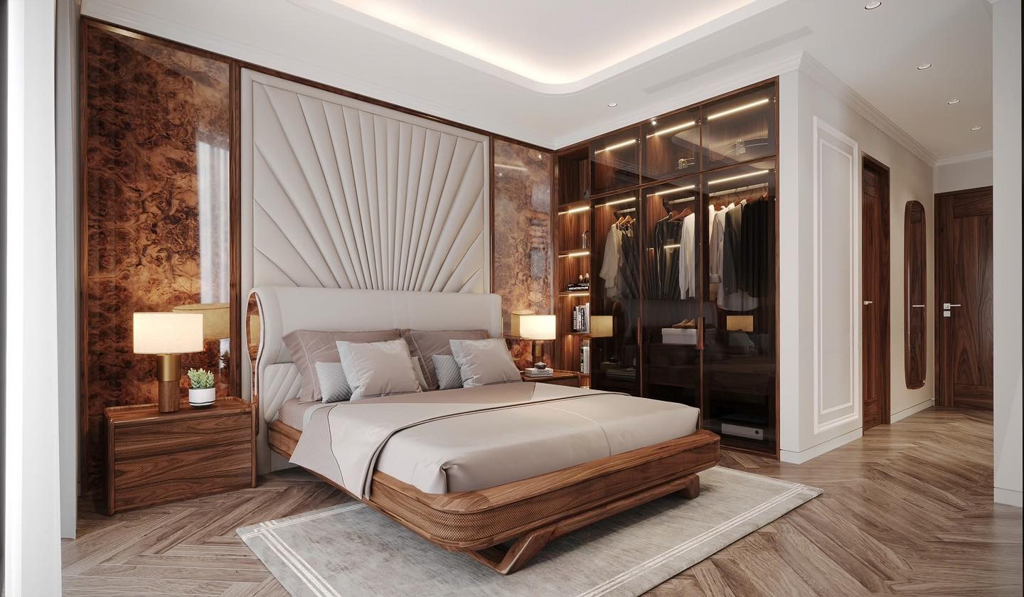 Thiết kế phòng ngủ gỗ óc chó sang trọng và thư thái