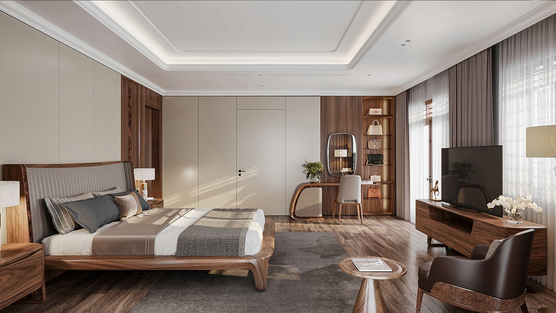 Thiết kế phòng ngủ hiện đại với giường gỗ óc chó và nội thất tiện nghi