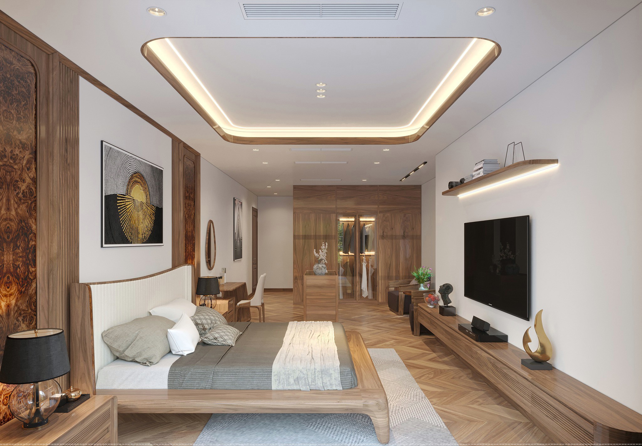 Thiết kế phòng ngủ master hiện đại với nội thất gỗ óc chó và tông màu nâu – trắng