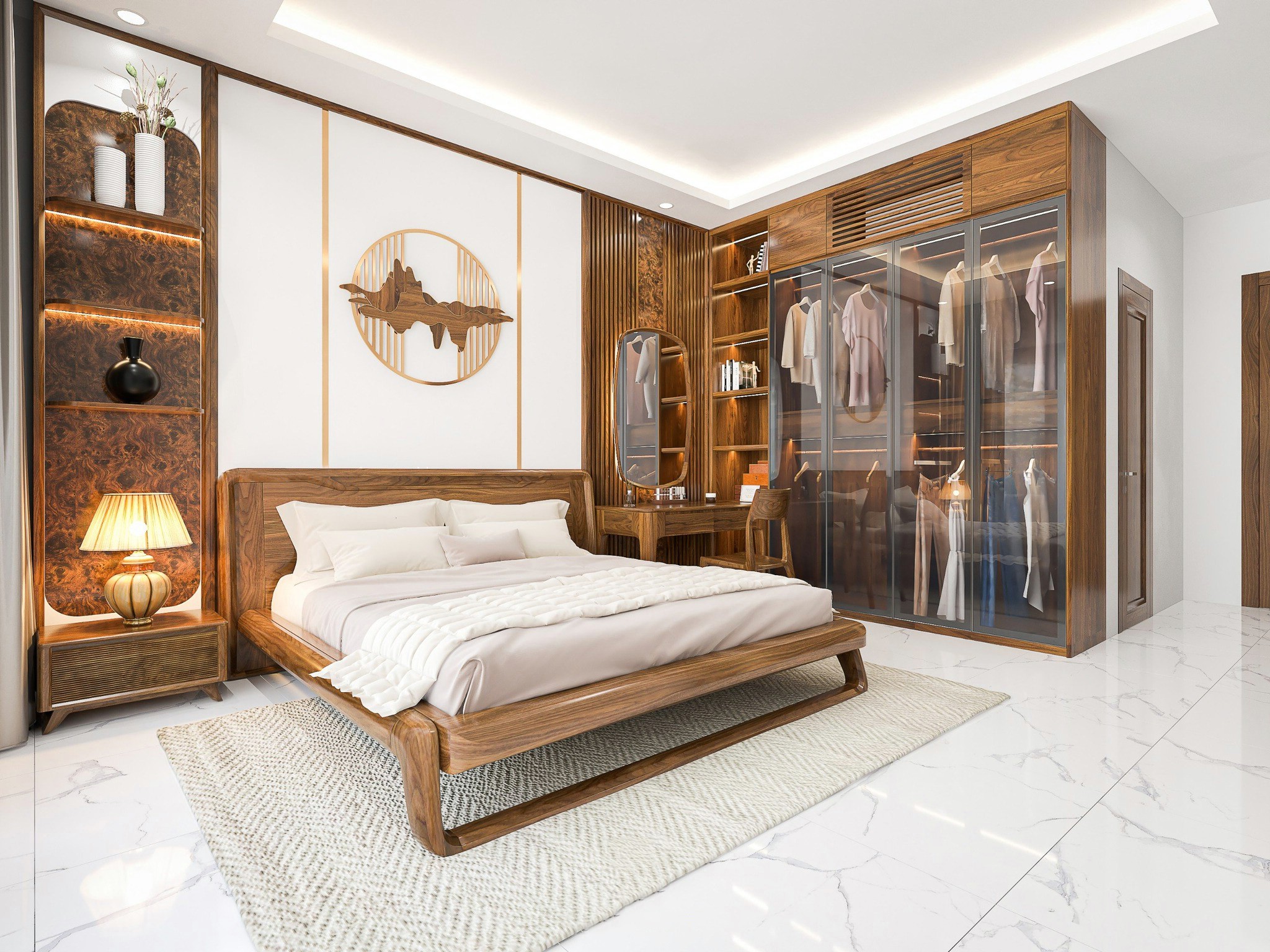 Thiết kế phòng ngủ master với giường gỗ óc chó và tủ quần áo kính trong suốt cao kịch trần