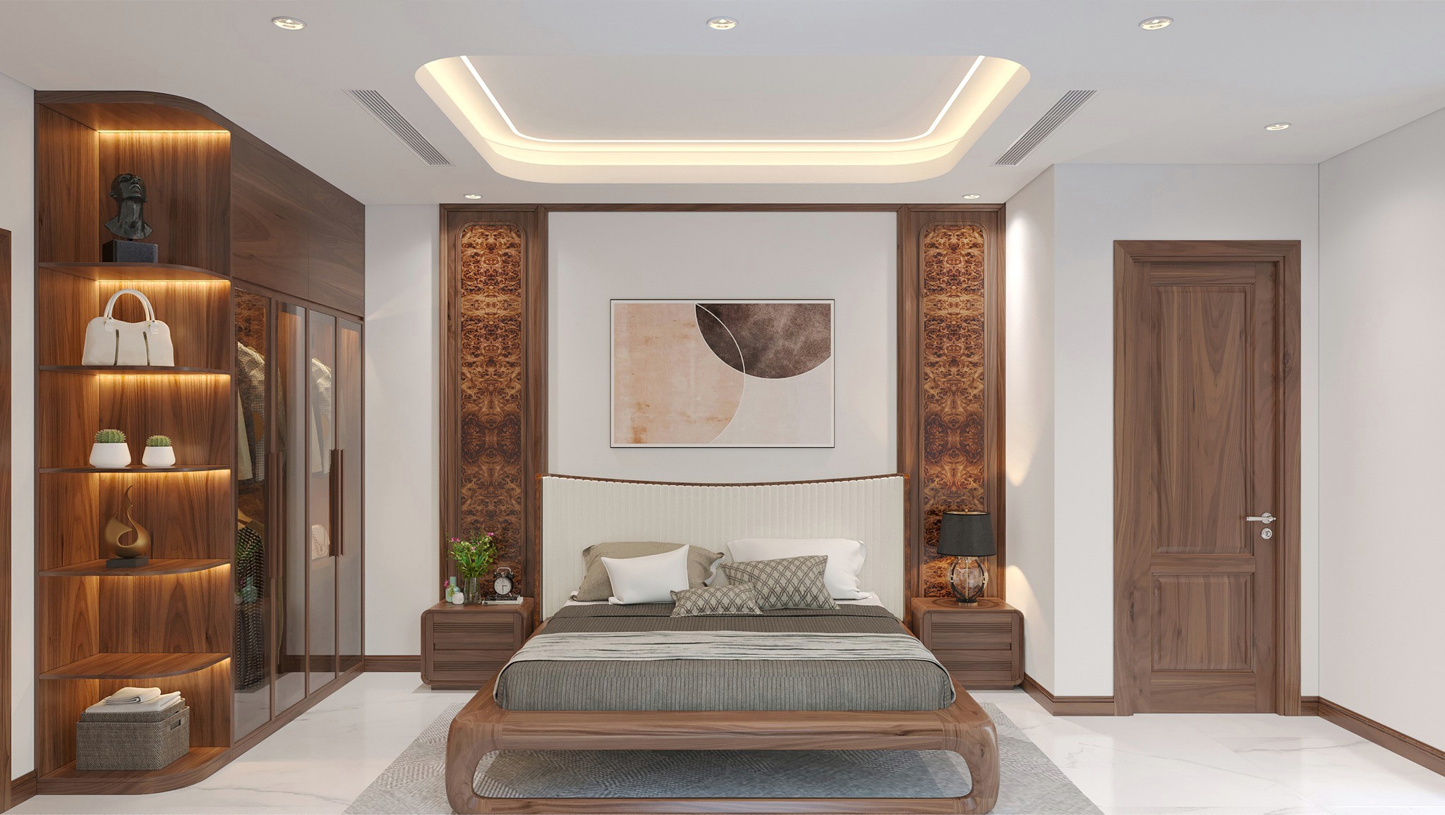 Thiết kế phòng ngủ nhỏ đẹp cho nữ với gam màu trắng – nâu hiện đại