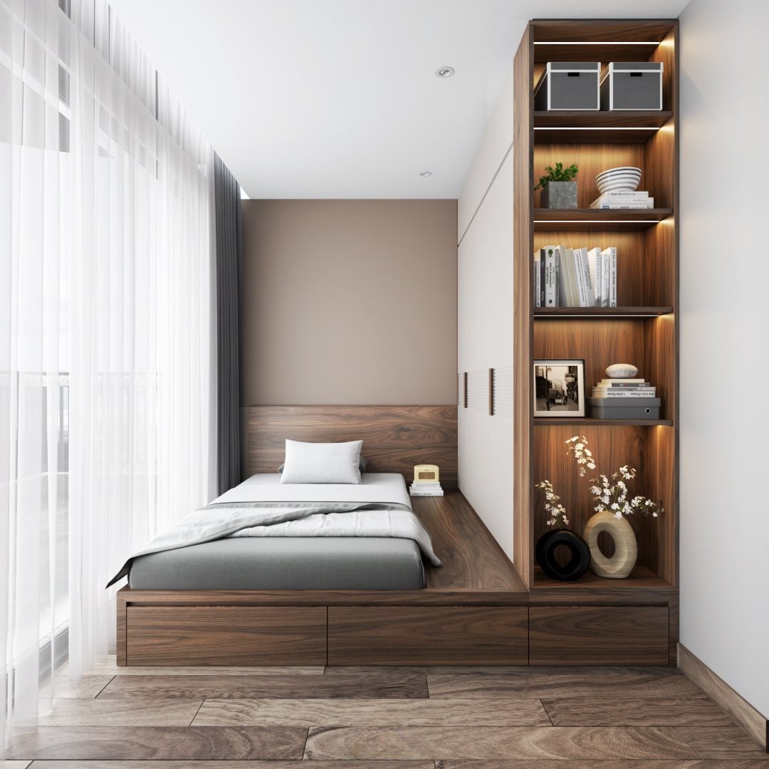 Thiết kế phòng ngủ nhỏ đẹp với giường hộp và tủ quần áo kịch trần