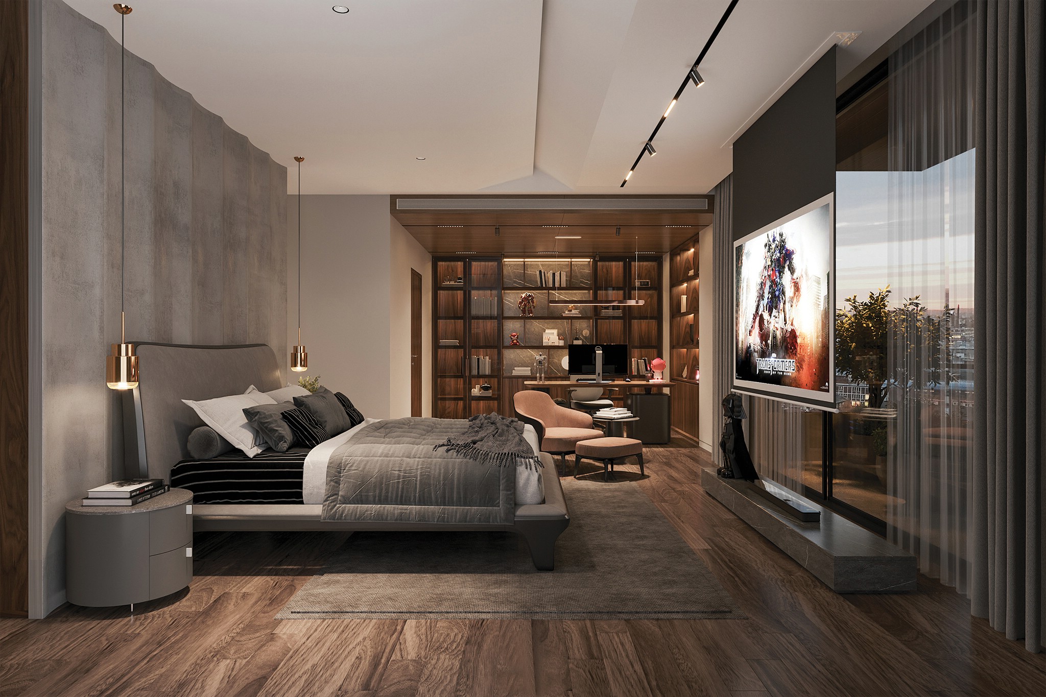 Thiết kế phòng ngủ tối giản hiện đại với giường ốp nỉ nhung và tường ốp lam sóng giả xi măng