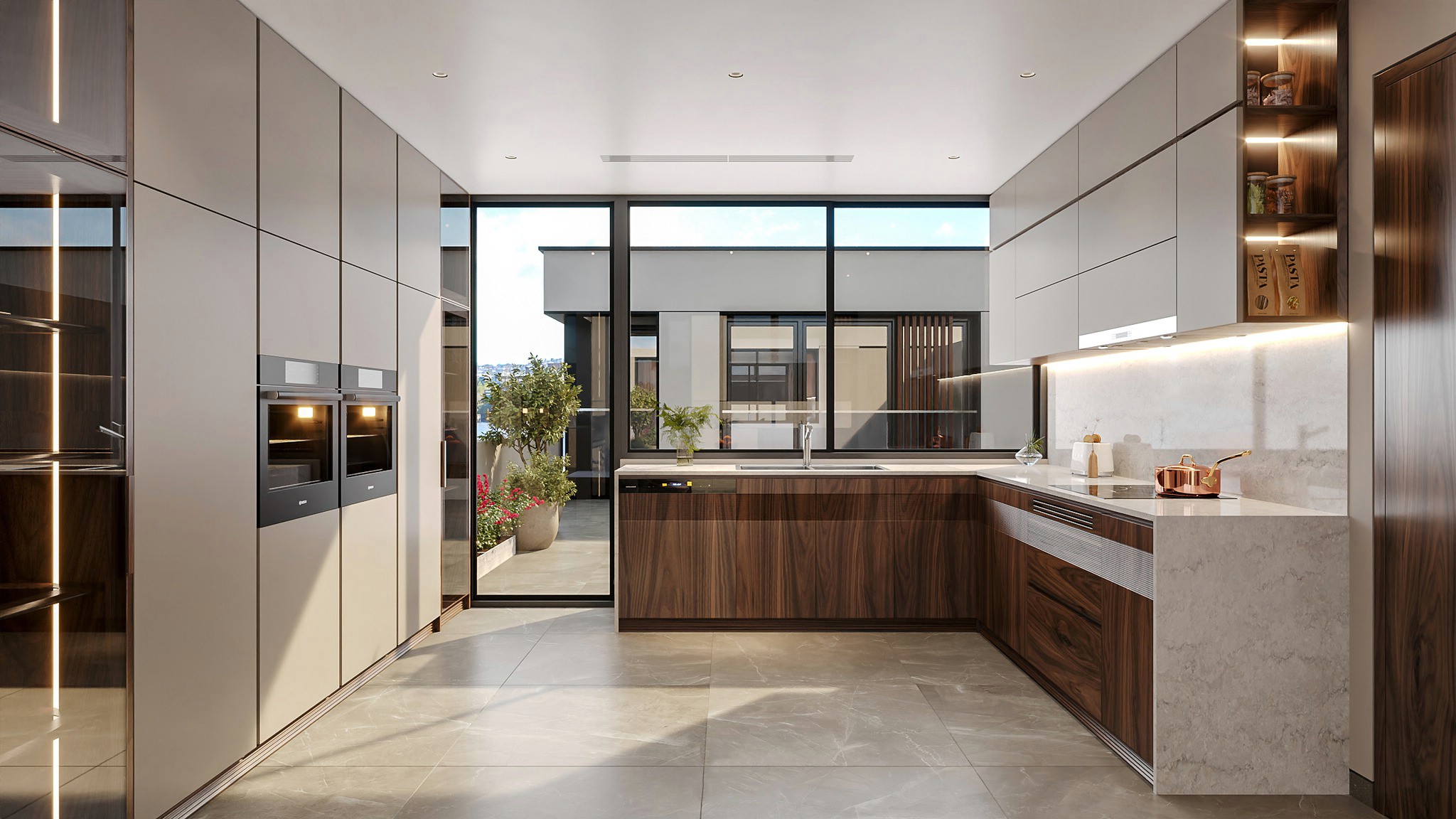 Thiết kế tủ bếp chữ L hiện đại với cánh acrylic trắng và laminate nâu sẫm