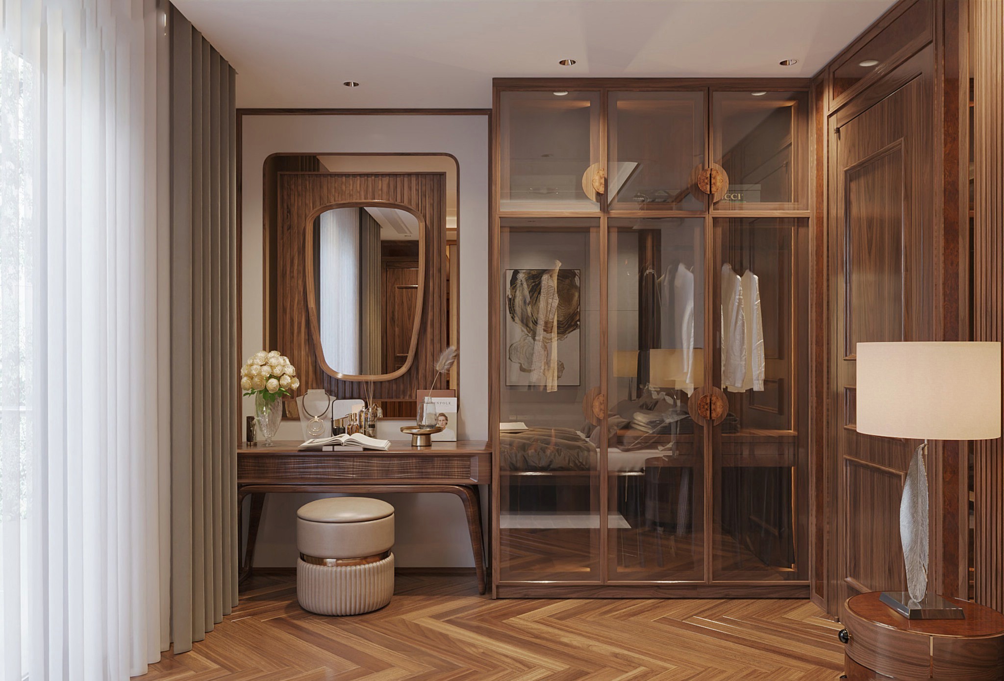 Thiết kế tủ quần áo cho phòng ngủ nhỏ chữ I cao kịch trần gỗ óc chó