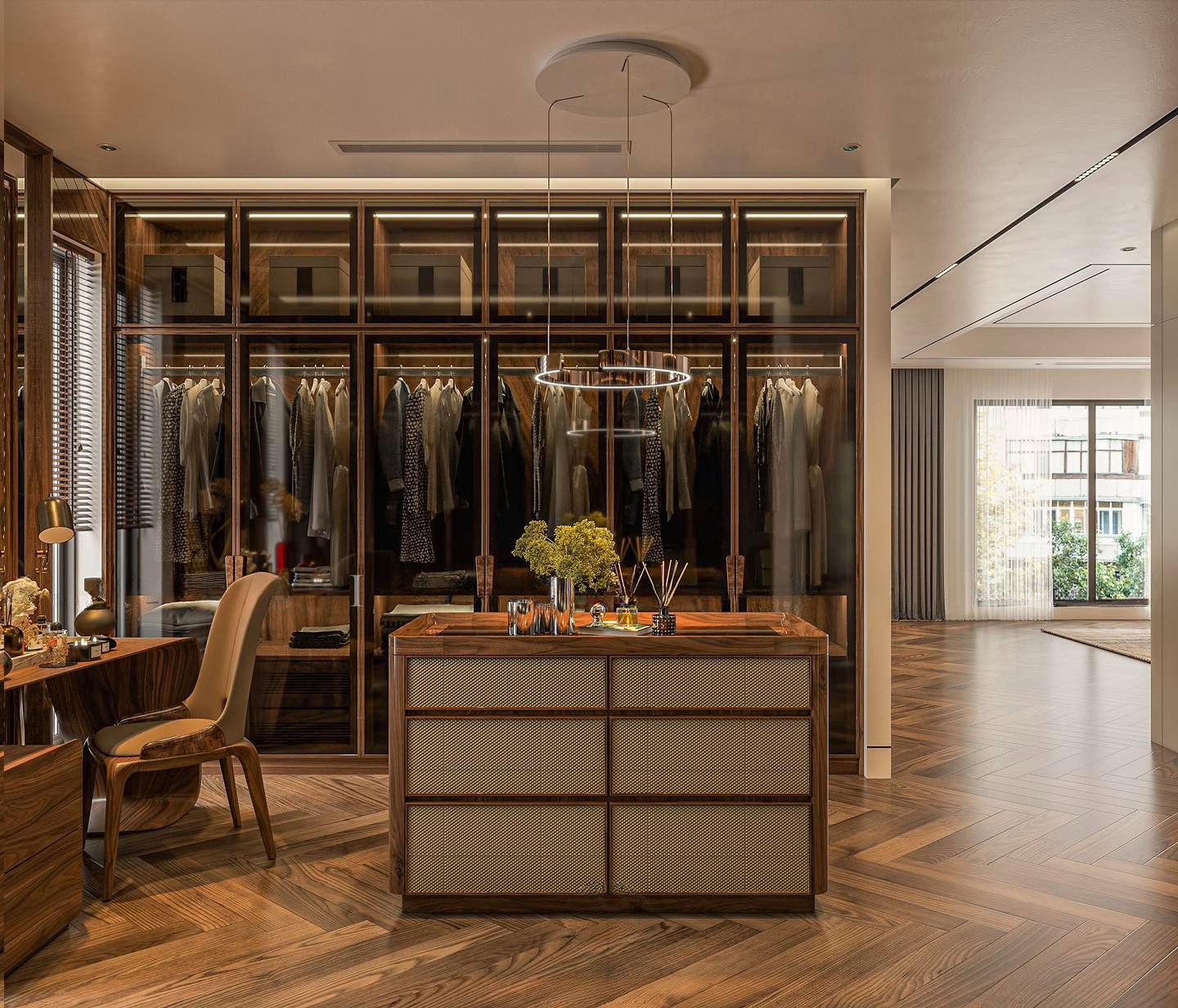 Thiết kế tủ quần áo hiện đại chữ I cao kịch trần âm tường