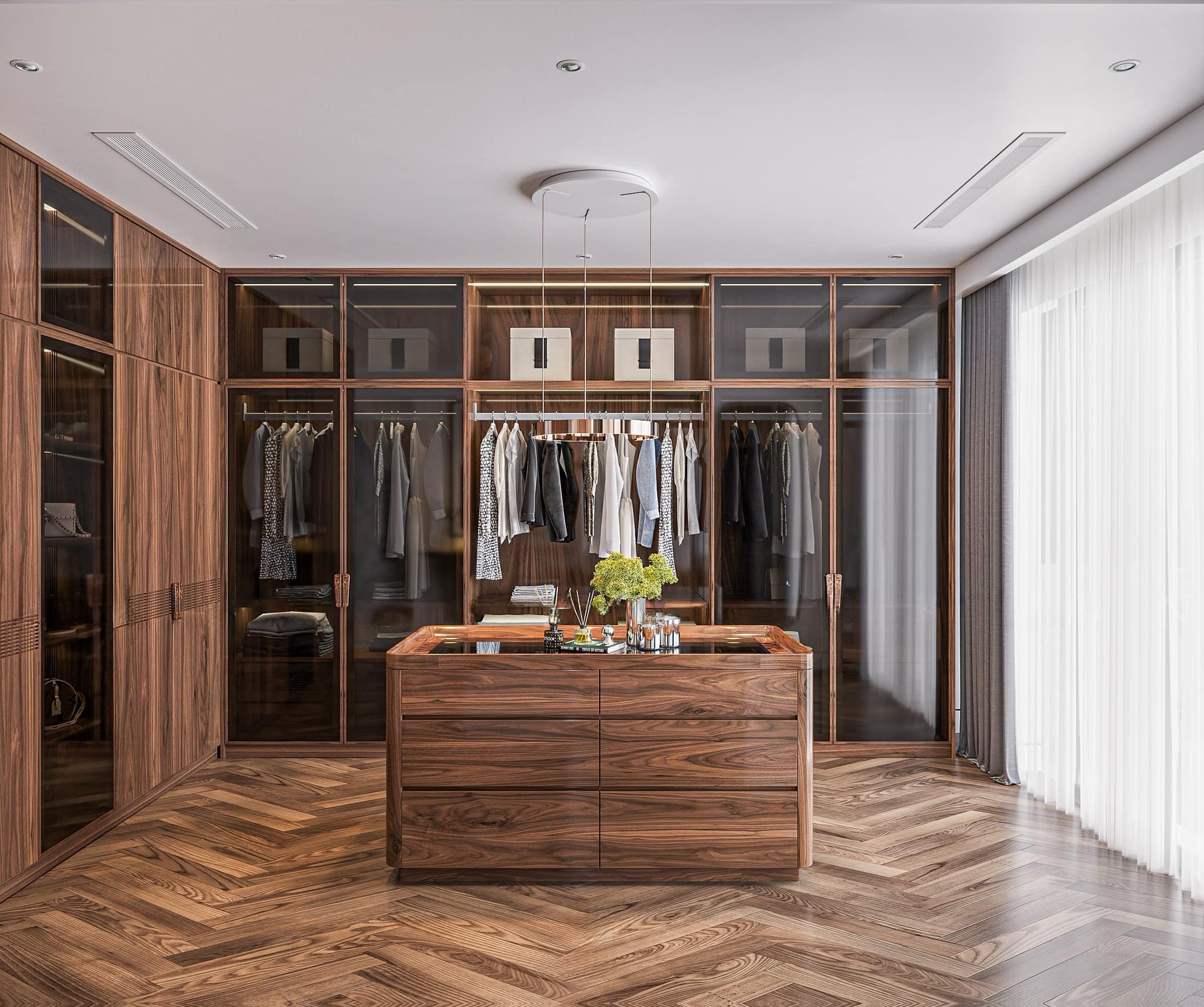 Thiết kế tủ quần áo trong phòng ngủ chữ L với bàn đảo mặt kính và đèn LED