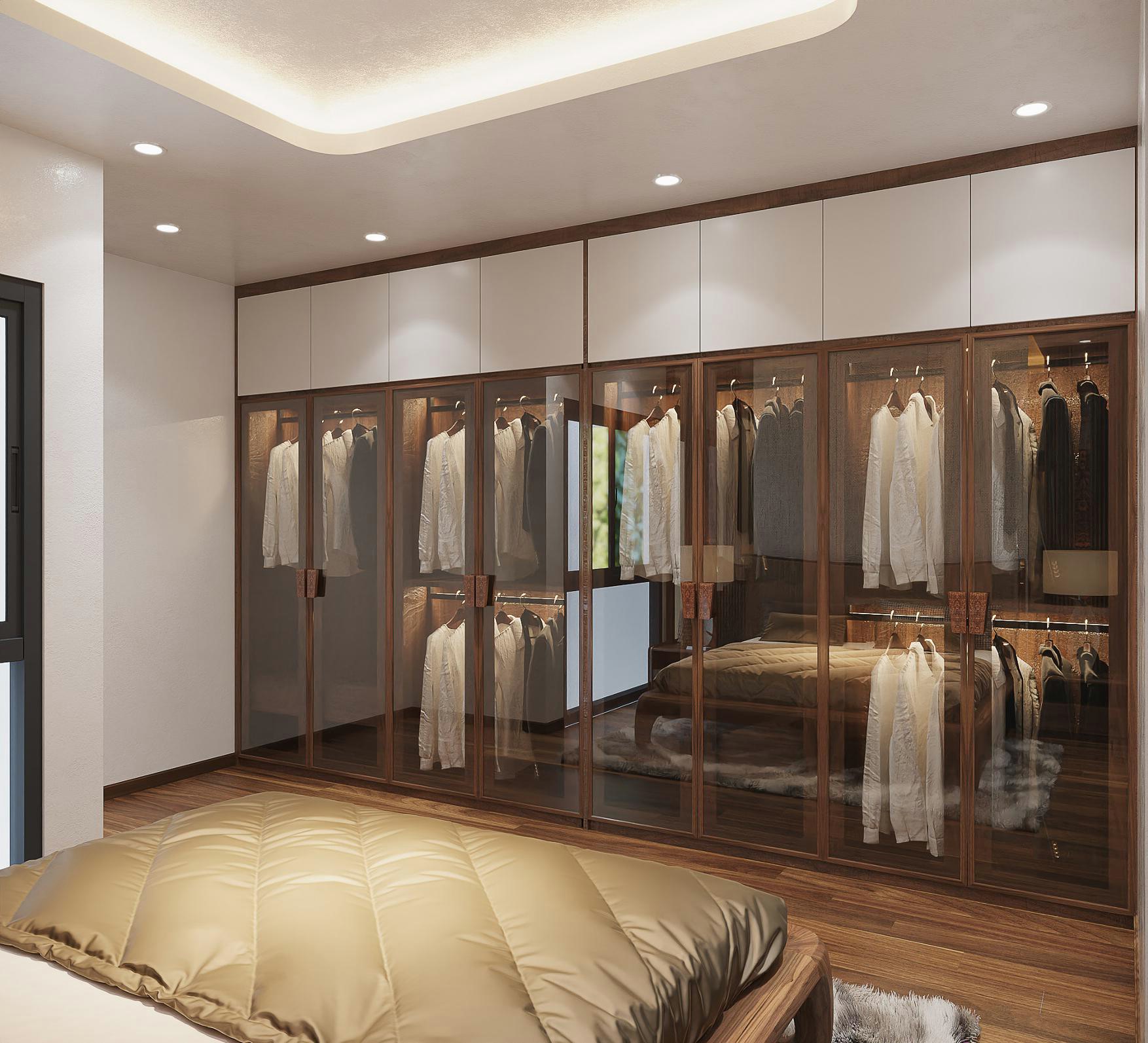 Thiết kế tủ quần áo chữ I âm tường với cánh kính và cánh gỗ phối màu trắng – nâu óc chó