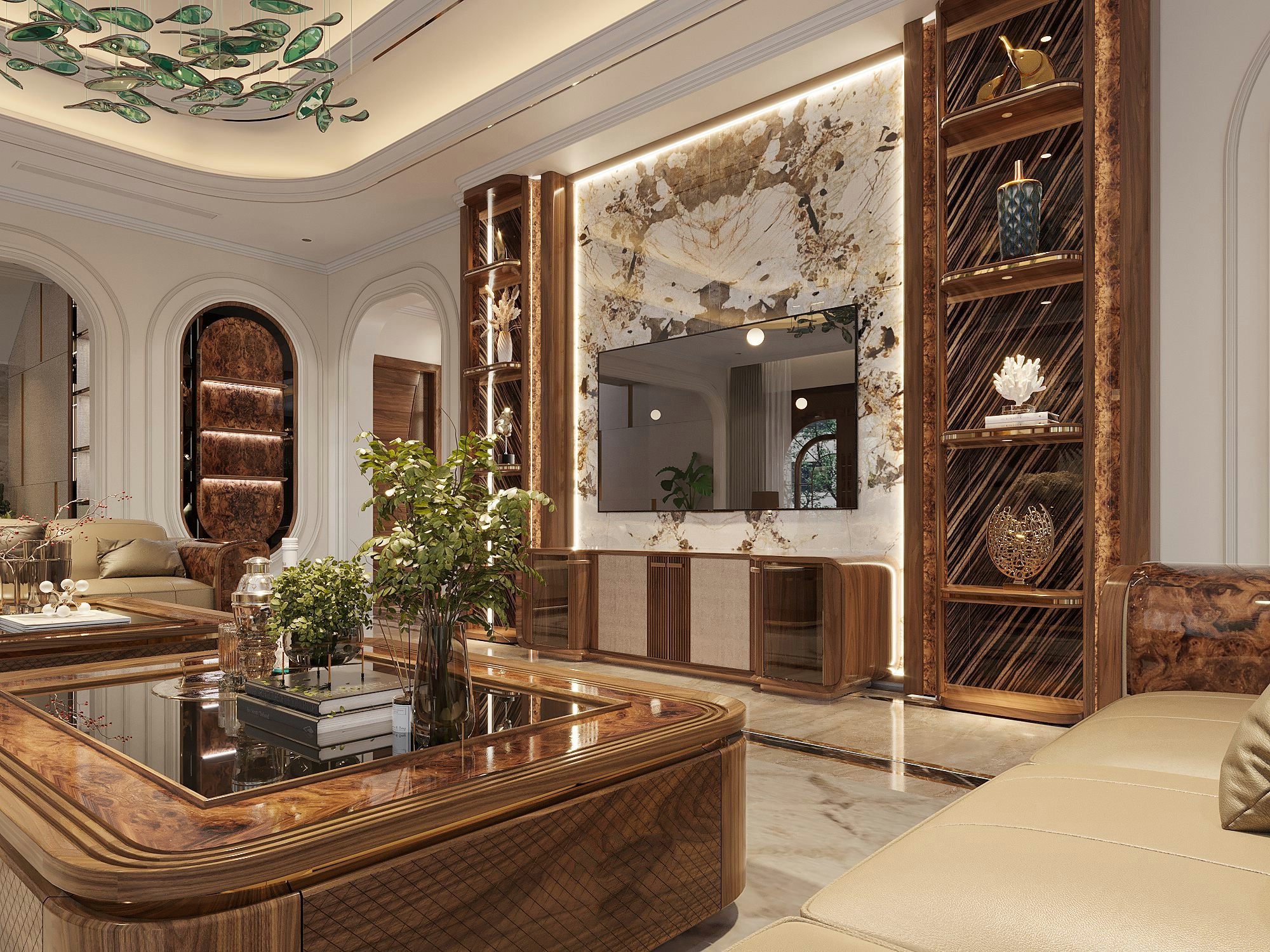 Trang trí kệ tivi phòng khách hiện đại bằng gỗ veneer óc chó