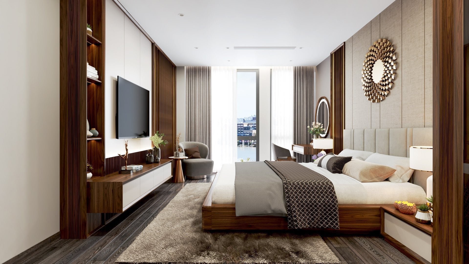 Trang trí phòng ngủ hiện đại với giường dáng hộp gỗ sồi, kệ tivi treo tường và ghế đơn sát cửa kính