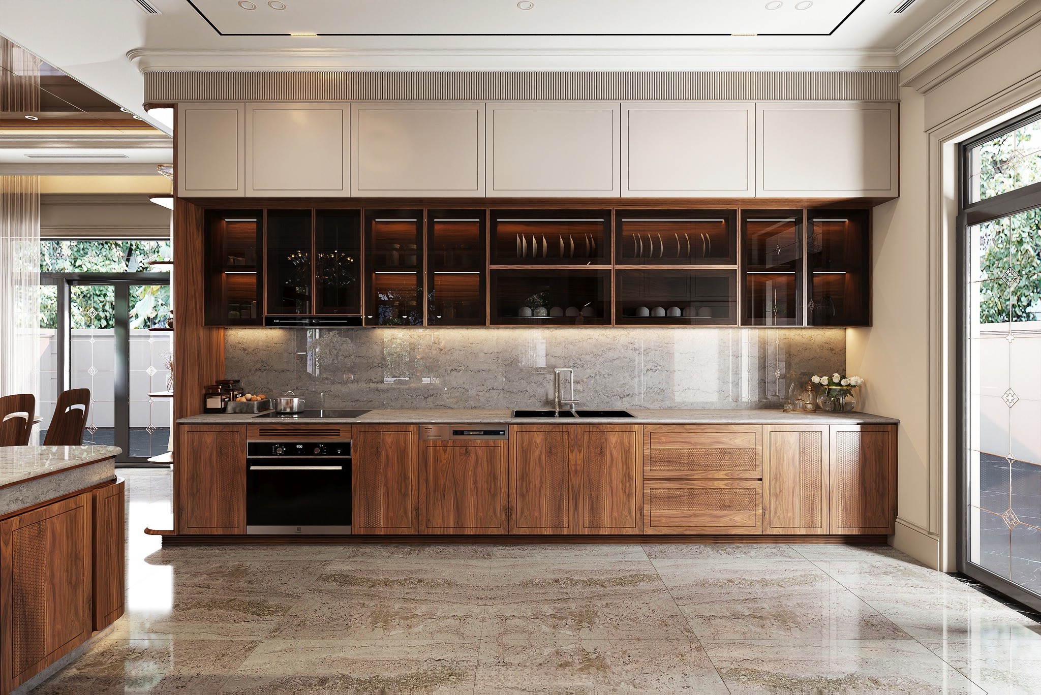 Tủ bếp cánh kính hiện đại sang trọng