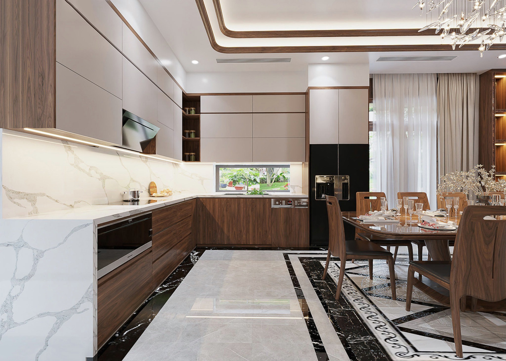 Tủ bếp cao cấp chữ L hiện đại với gỗ MDF lõi xanh và đá granite trắng xám