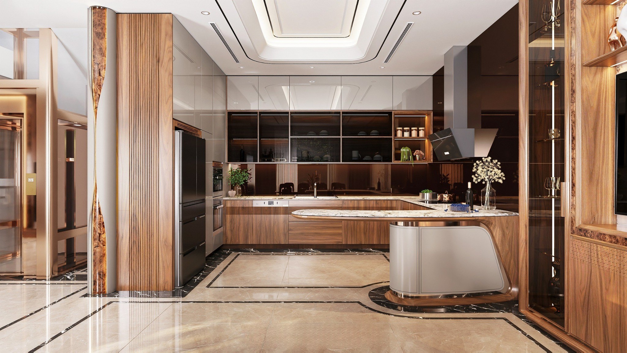 Tủ bếp đẹp hiện đại chữ U có bàn đảo, phối màu trắng và vân gỗ tự nhiên