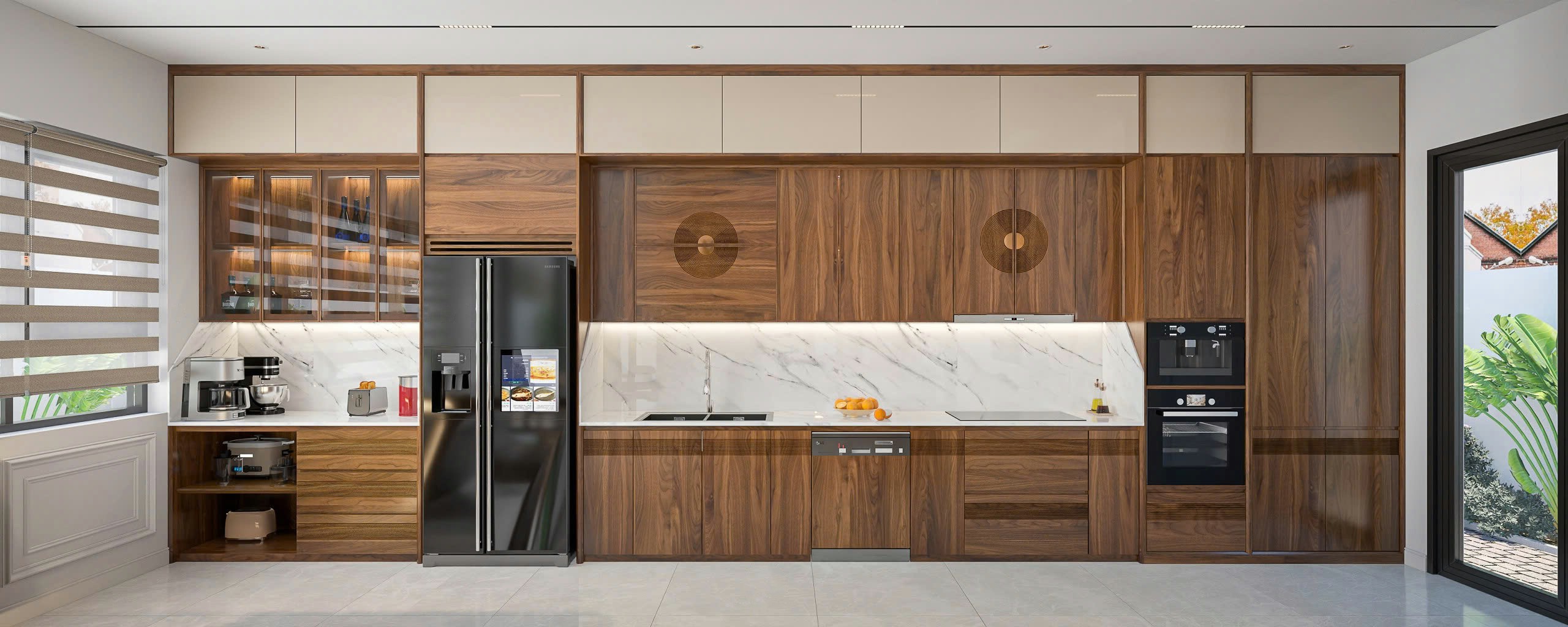 Tủ bếp gỗ óc chó hiện đại kết hợp acrylic bóng và đường soi ngang