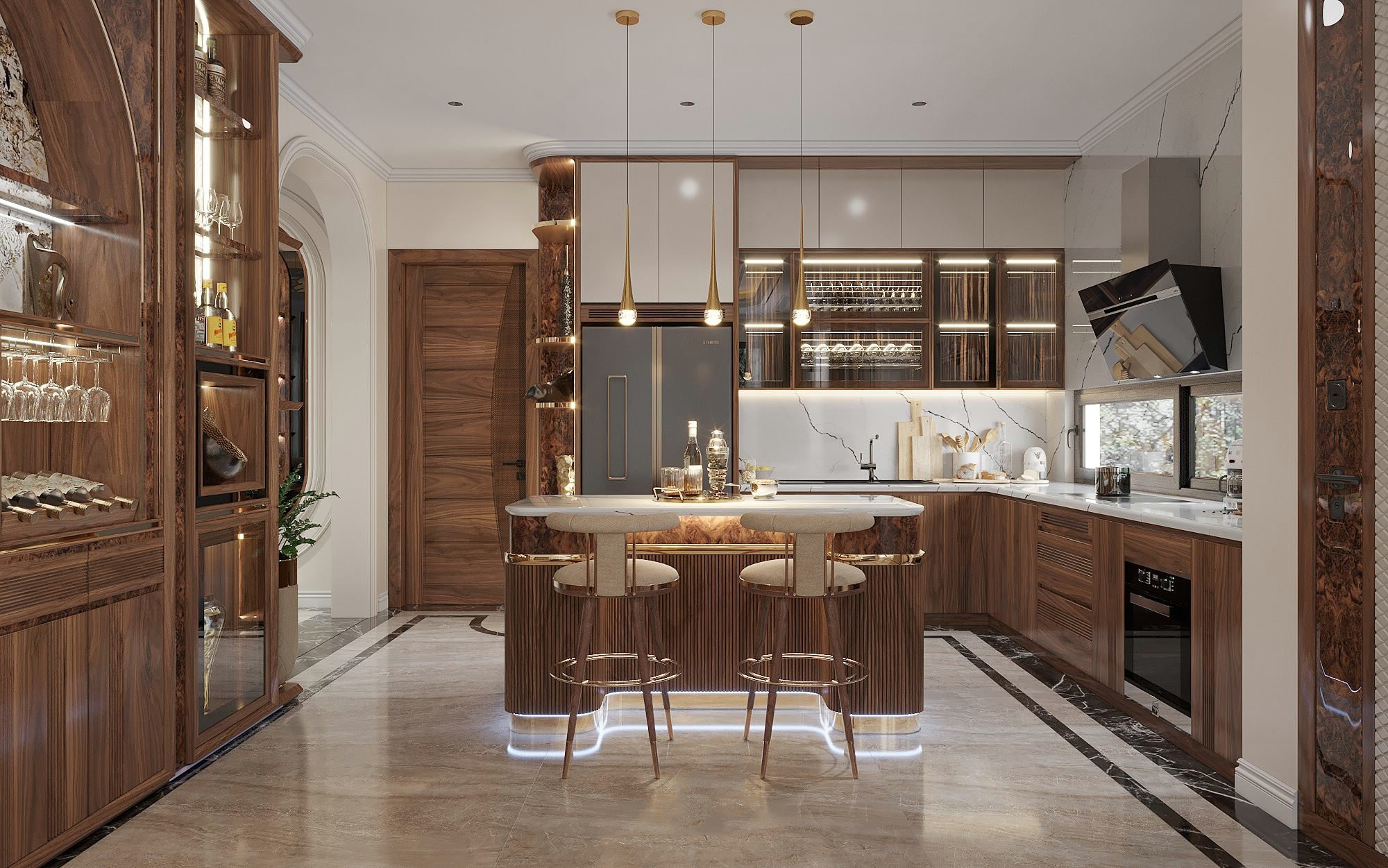 Tủ bếp hiện đại sang trọng chất liệu gỗ óc chó và đá tự nhiên