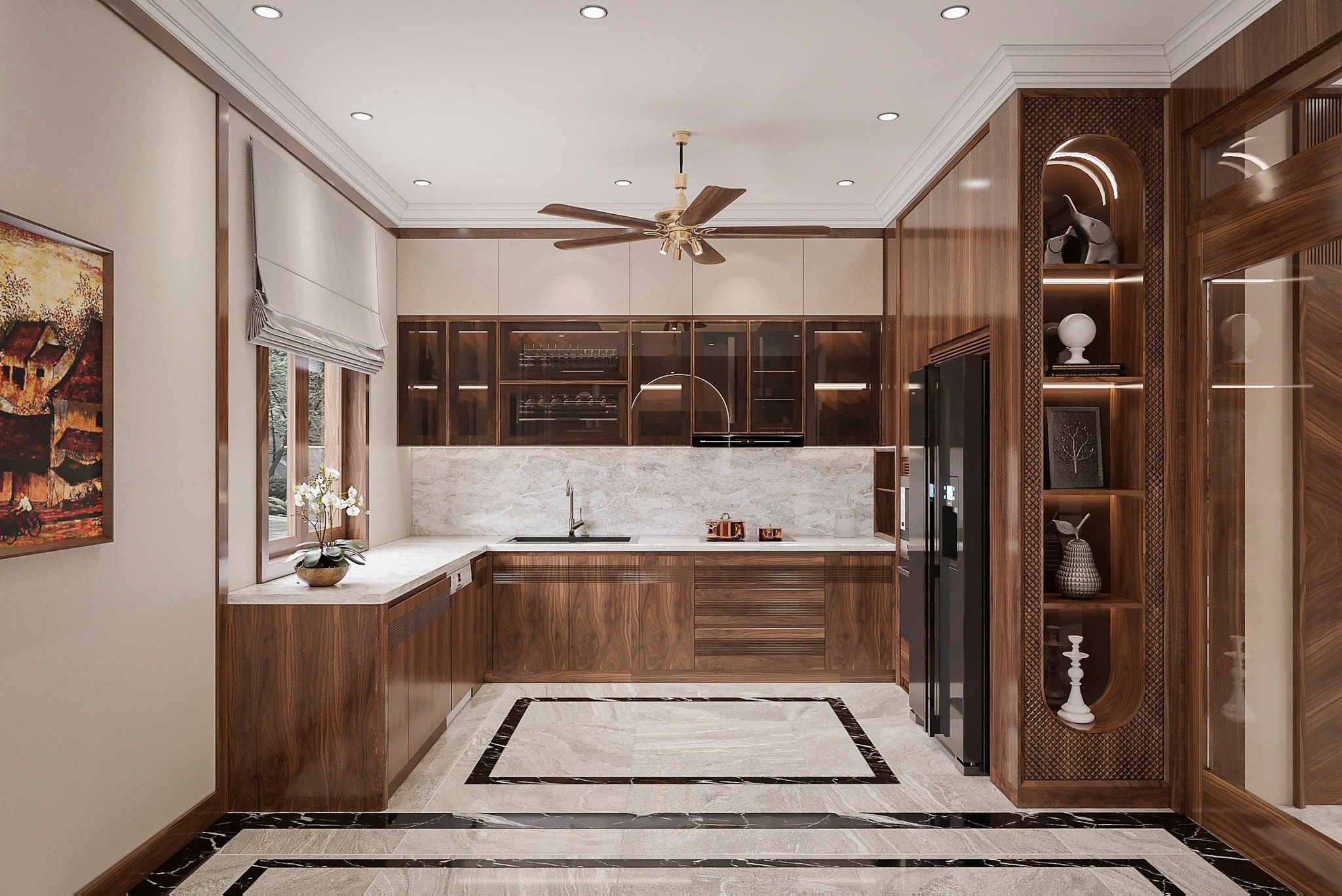 Tủ bếp hiện đại chữ U gỗ công nghiệp phủ bóng và đá marble