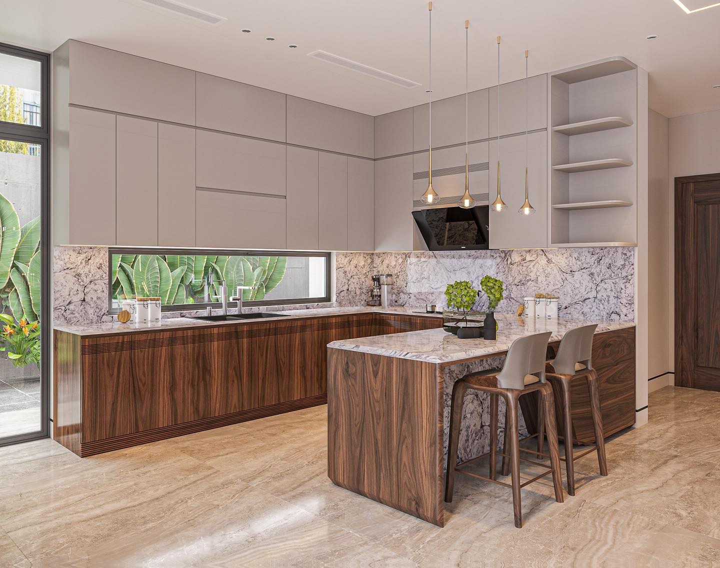 Tủ bếp thông minh hiện đại chữ L với bàn bar liền kề ốp đá granite trắng