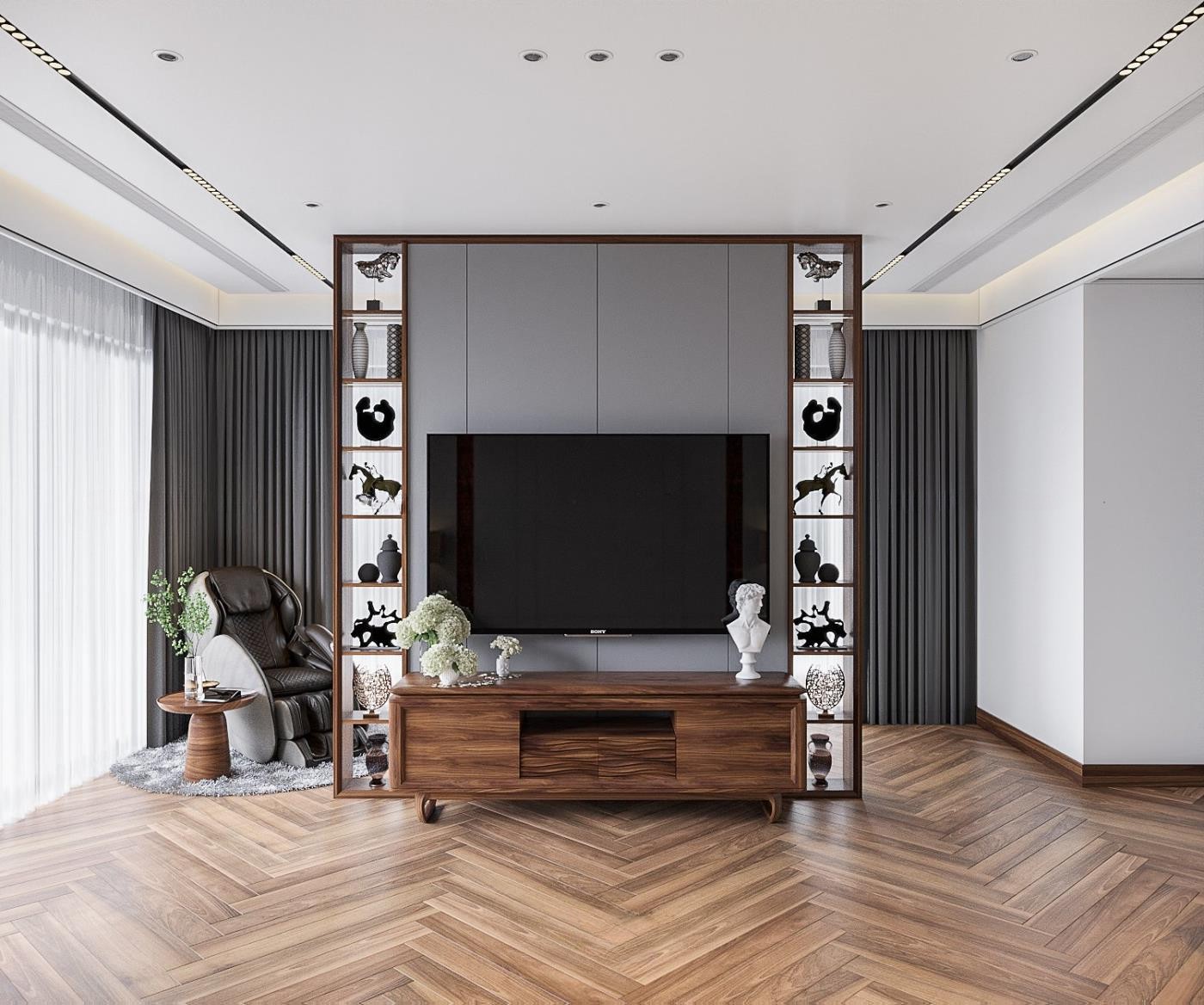 Tủ kệ tivi phòng khách hiện đại bằng gỗ veneer óc chó