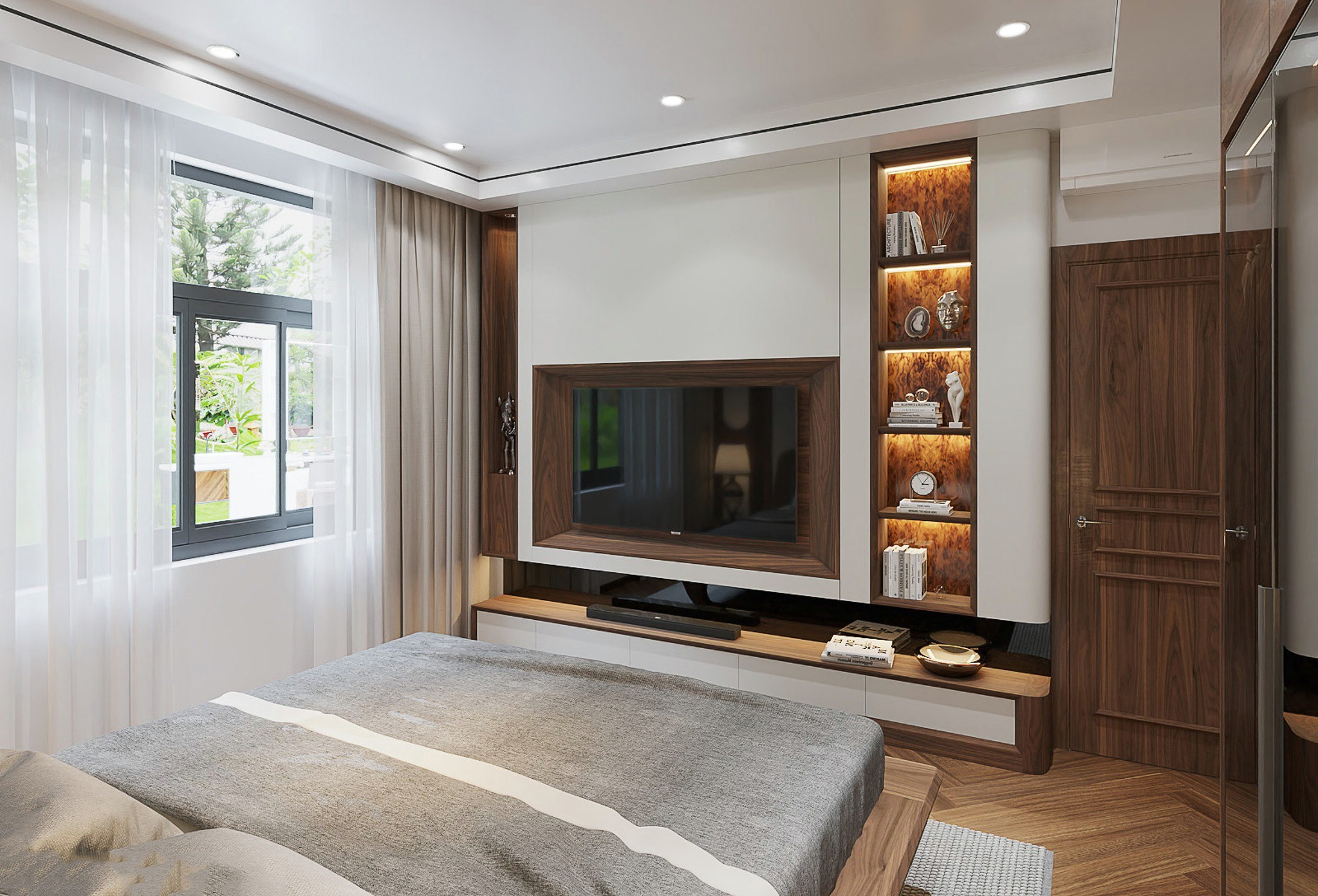 Tủ kệ tivi hiện đại, gỗ veneer óc chó kết hợp laminate trắng