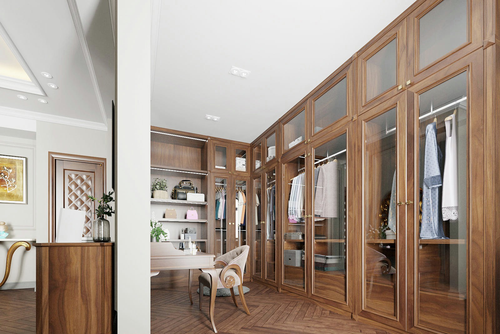 Tủ quần áo cao cấp chữ L gỗ sồi tự nhiên cao kịch trần với cánh kính sang trọng