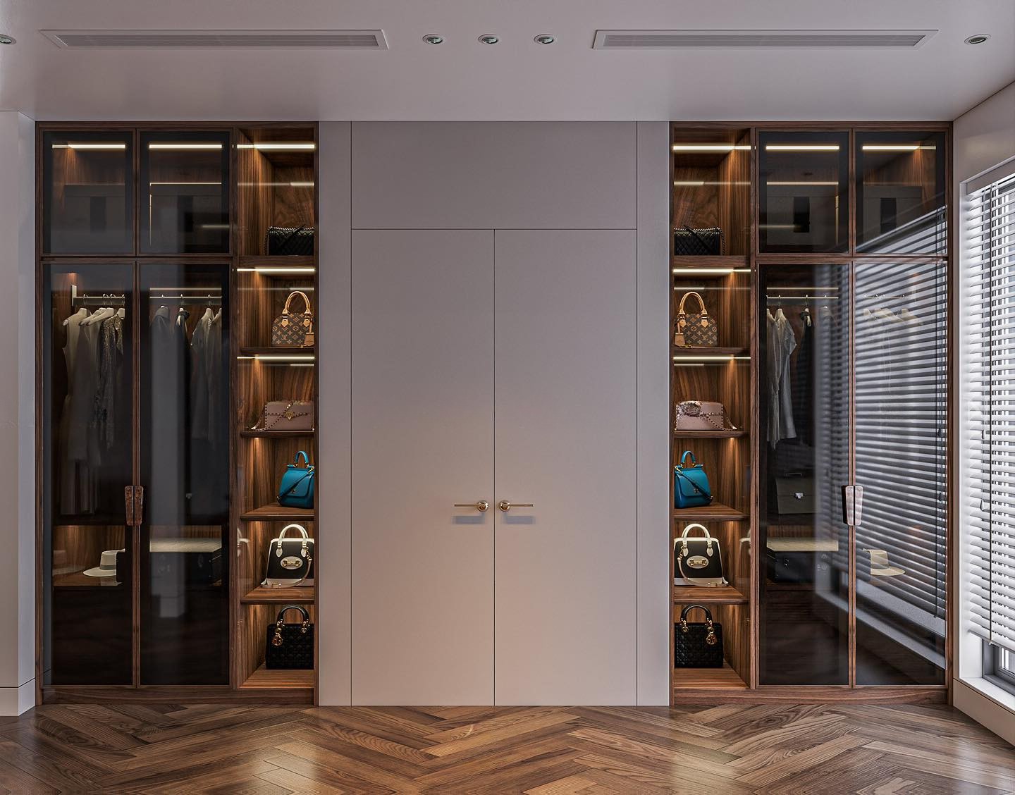 Tủ quần áo đẹp hiện đại kiểu dáng âm tường với cánh kính và cánh laminate trắng ghi