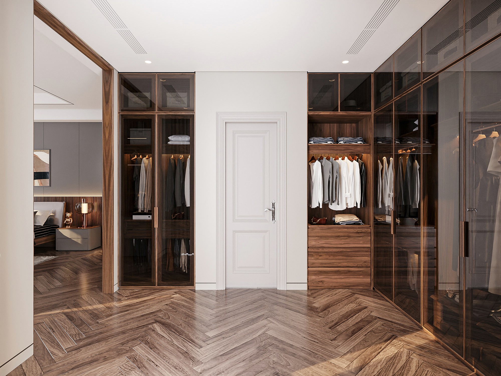 Tủ quần áo gỗ hiện đại chữ L kết hợp âm tường với cánh kính trong suốt sang trọng