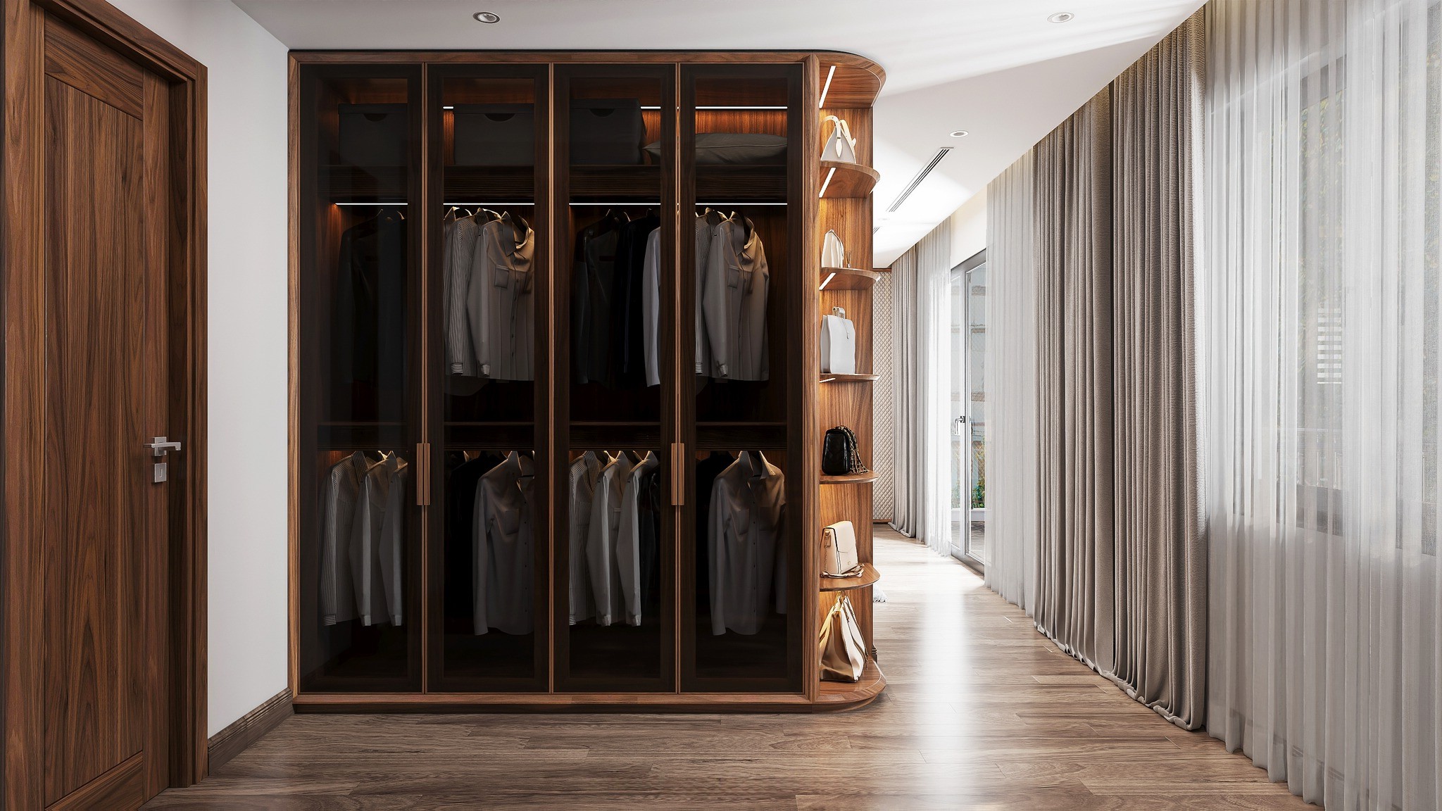 Mẫu tủ quần áo gỗ tự nhiên cao cấp chữ I kết hợp kính và kệ trang trí vòm cung