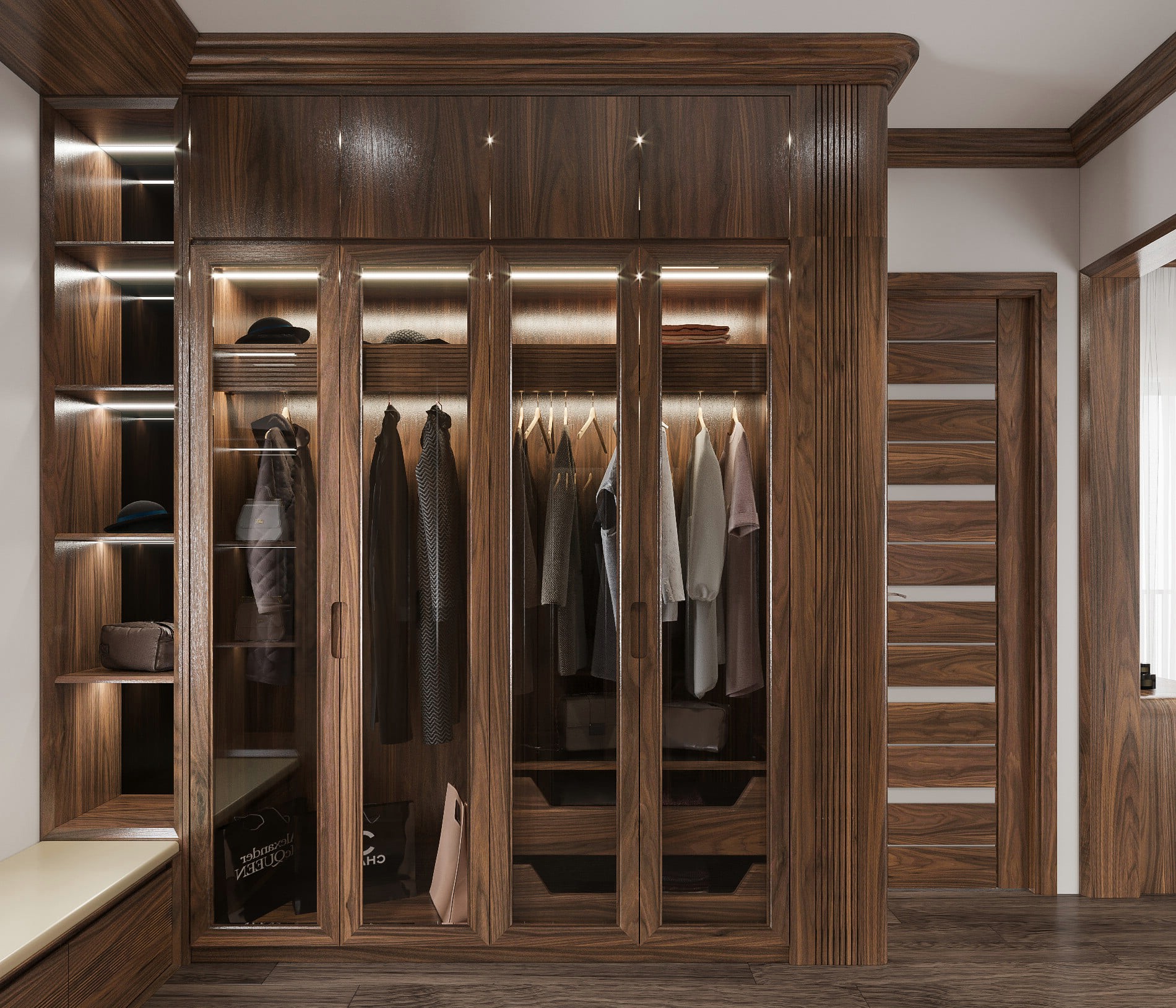 Tủ quần áo gỗ tự nhiên hiện đại chữ I với cánh kính trong suốt