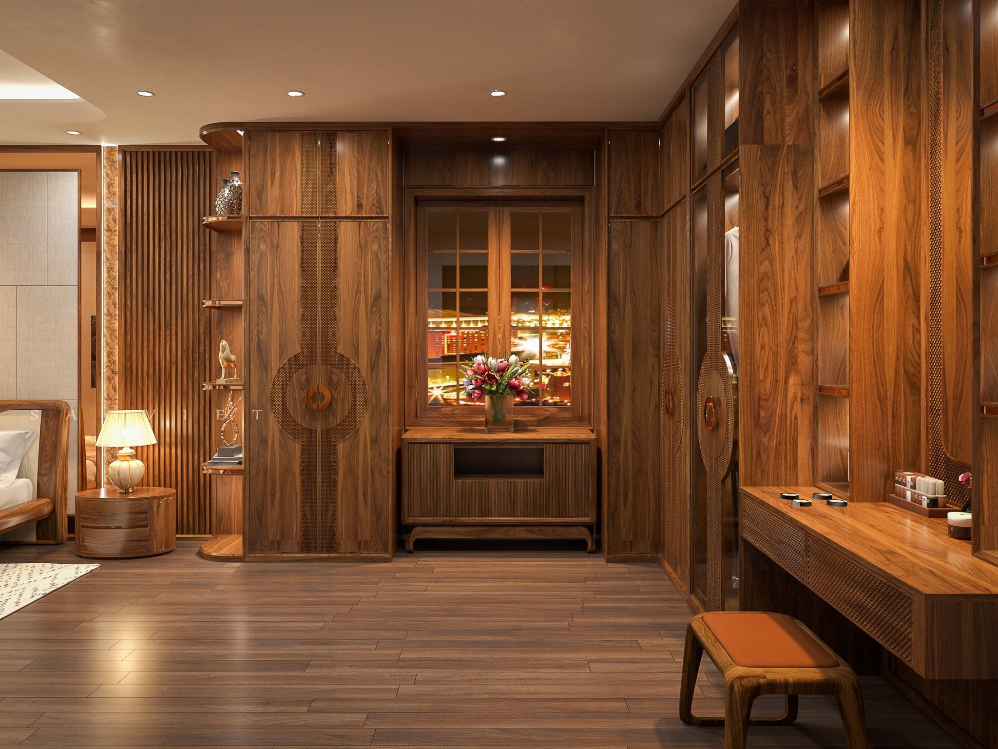 Tủ quần áo gỗ tự nhiên chữ L gỗ sồi màu nâu đỏ cao kịch trần