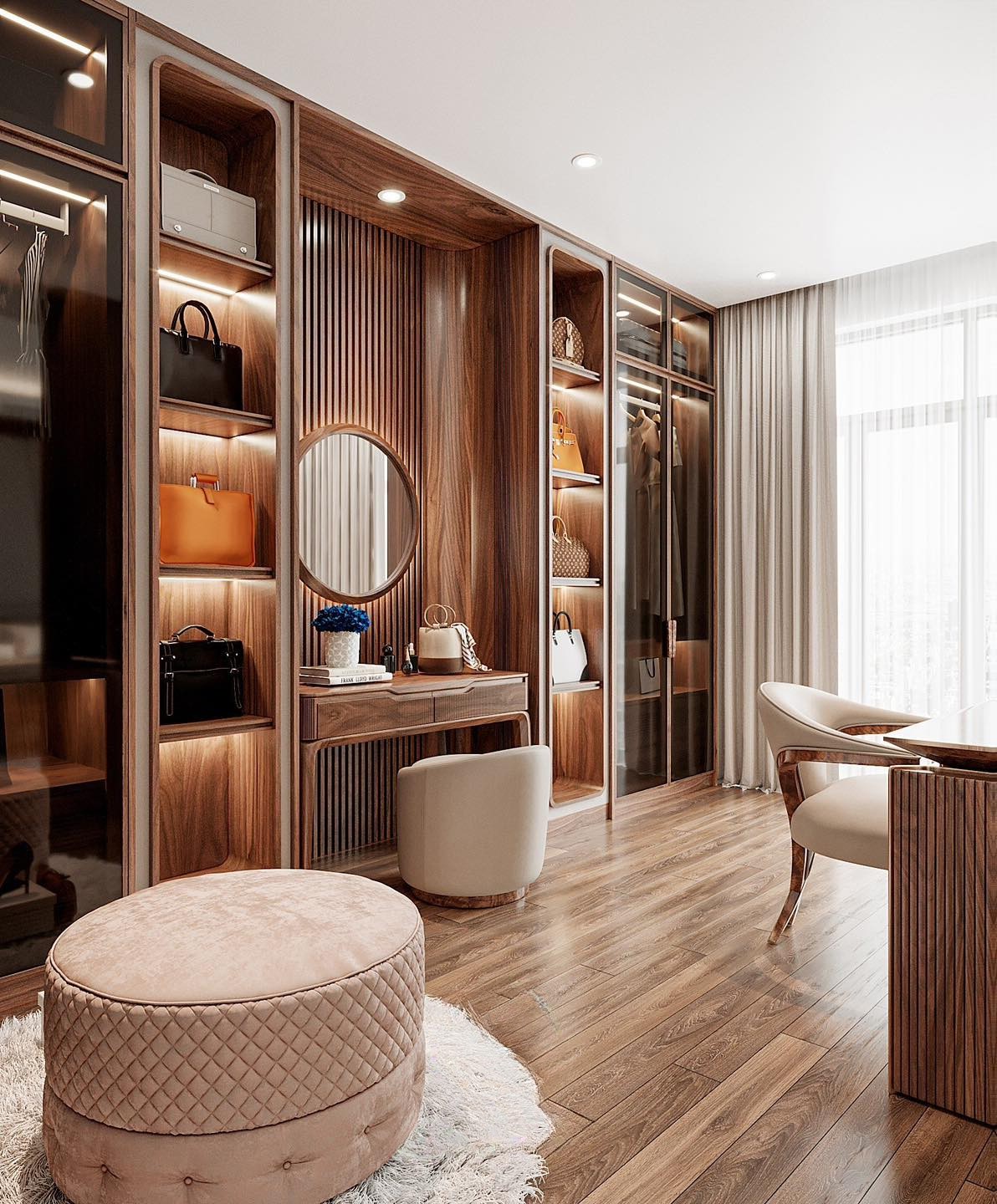 Mẫu tủ quần áo kết hợp bàn trang điểm gỗ tự nhiên hiện đại