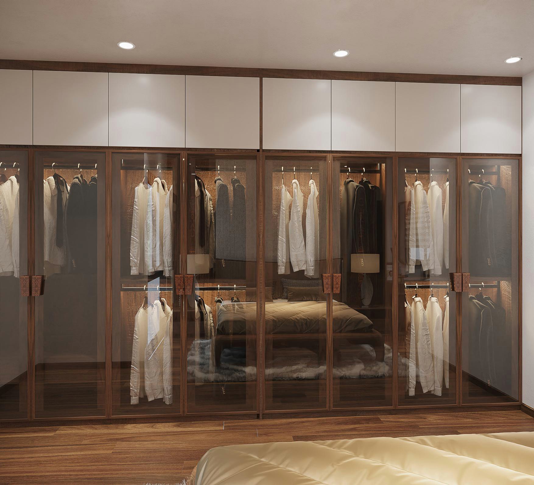 Tủ quần áo kính 8 cánh lớn kết hợp cánh gỗ trắng phía trên và ngăn kéo gỗ tiện dụng