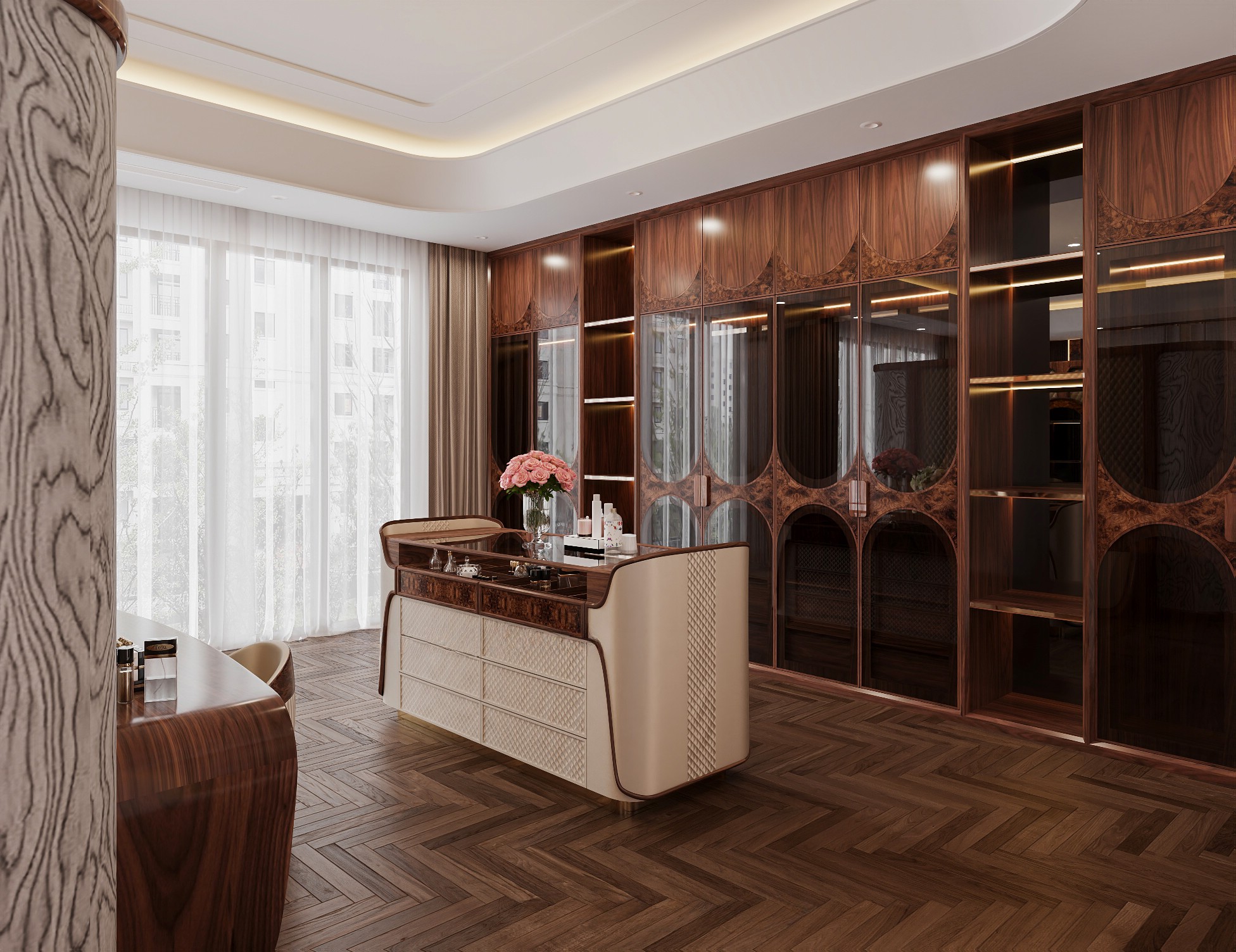 Tủ quần áo phòng ngủ hiện đại chữ I âm tường cao kịch trần bằng gỗ tự nhiên