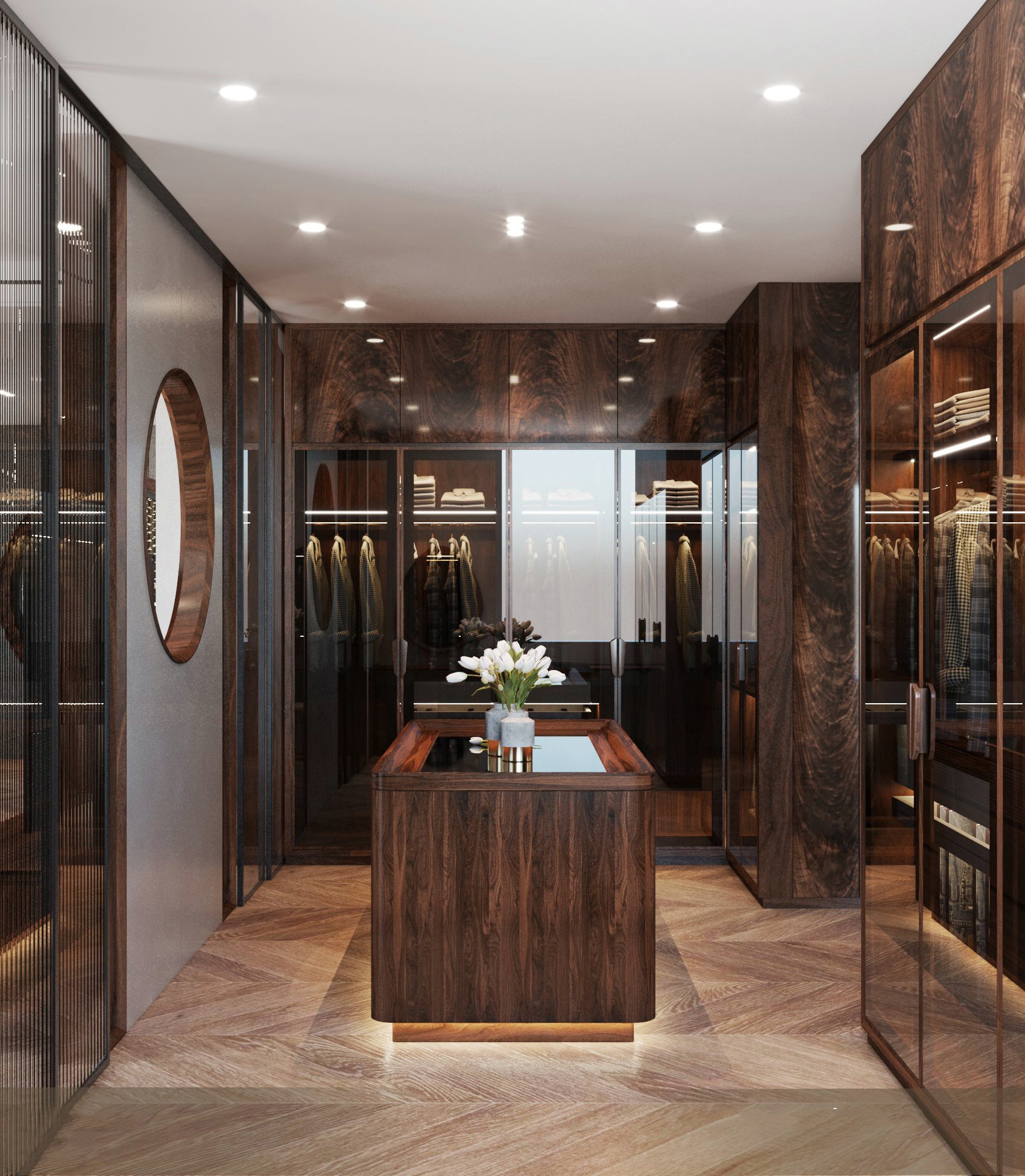 Tủ quần áo thông minh hiện đại chữ L cao kịch trần bằng MDF veneer nu nâu đen