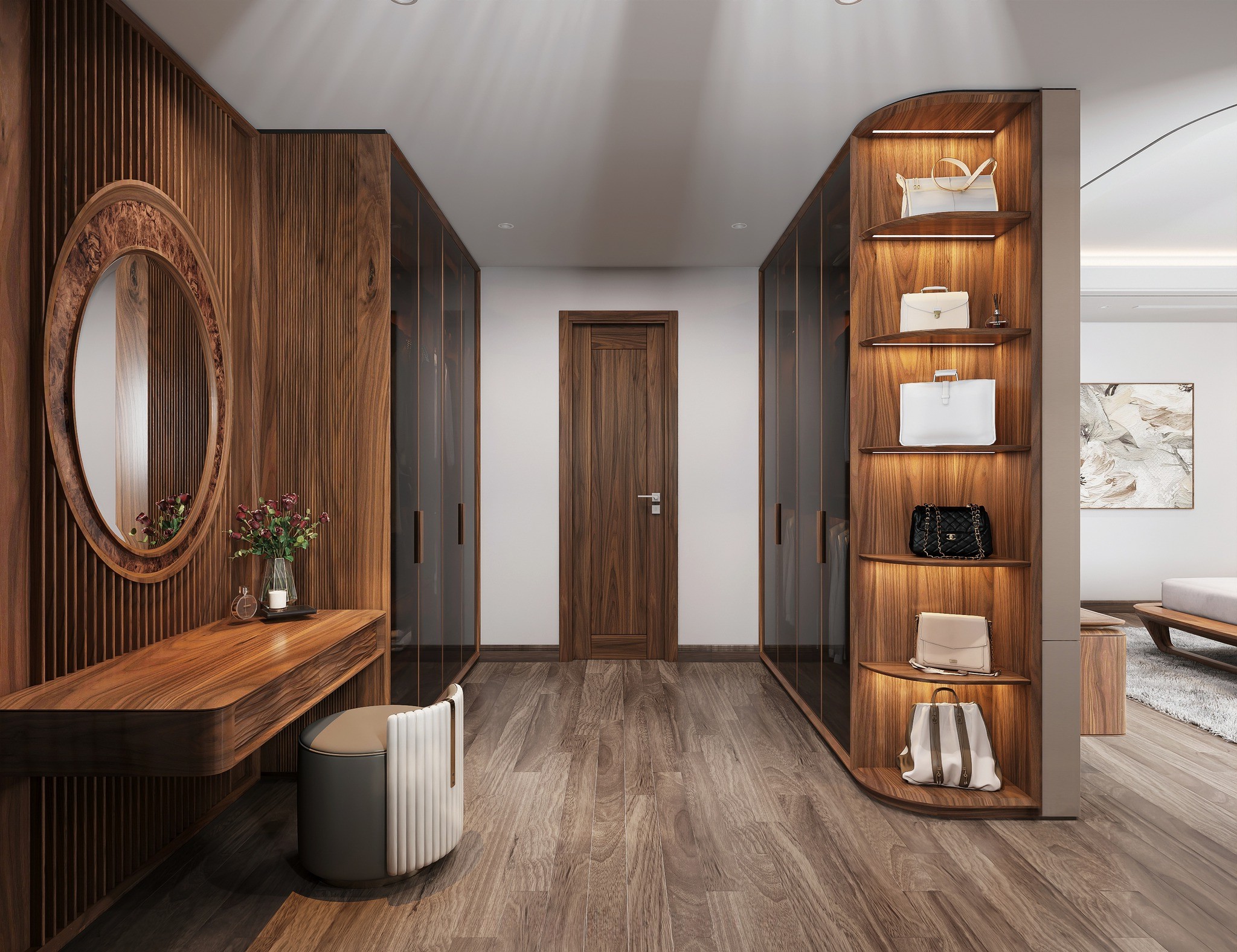 Tủ quần áo trong phòng ngủ 4 cánh kính trong suốt kết hợp bàn trang điểm