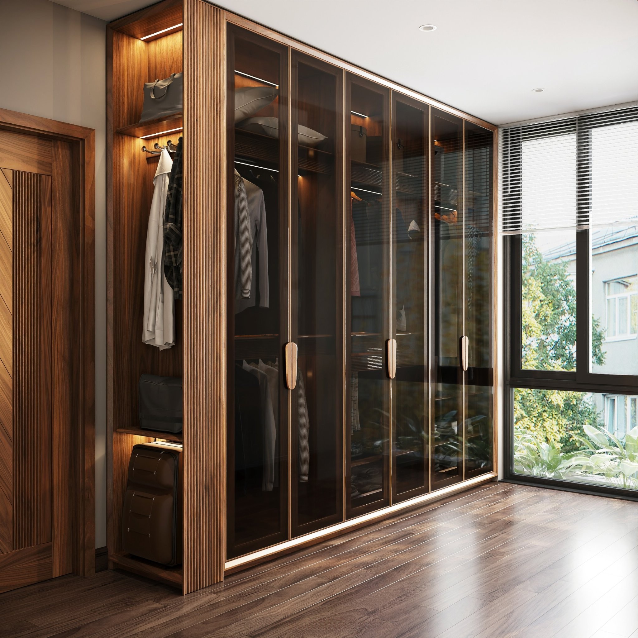 Tủ quần áo gỗ óc chó kịch trần 6 cánh kính cường lực, đèn LED quanh tủ