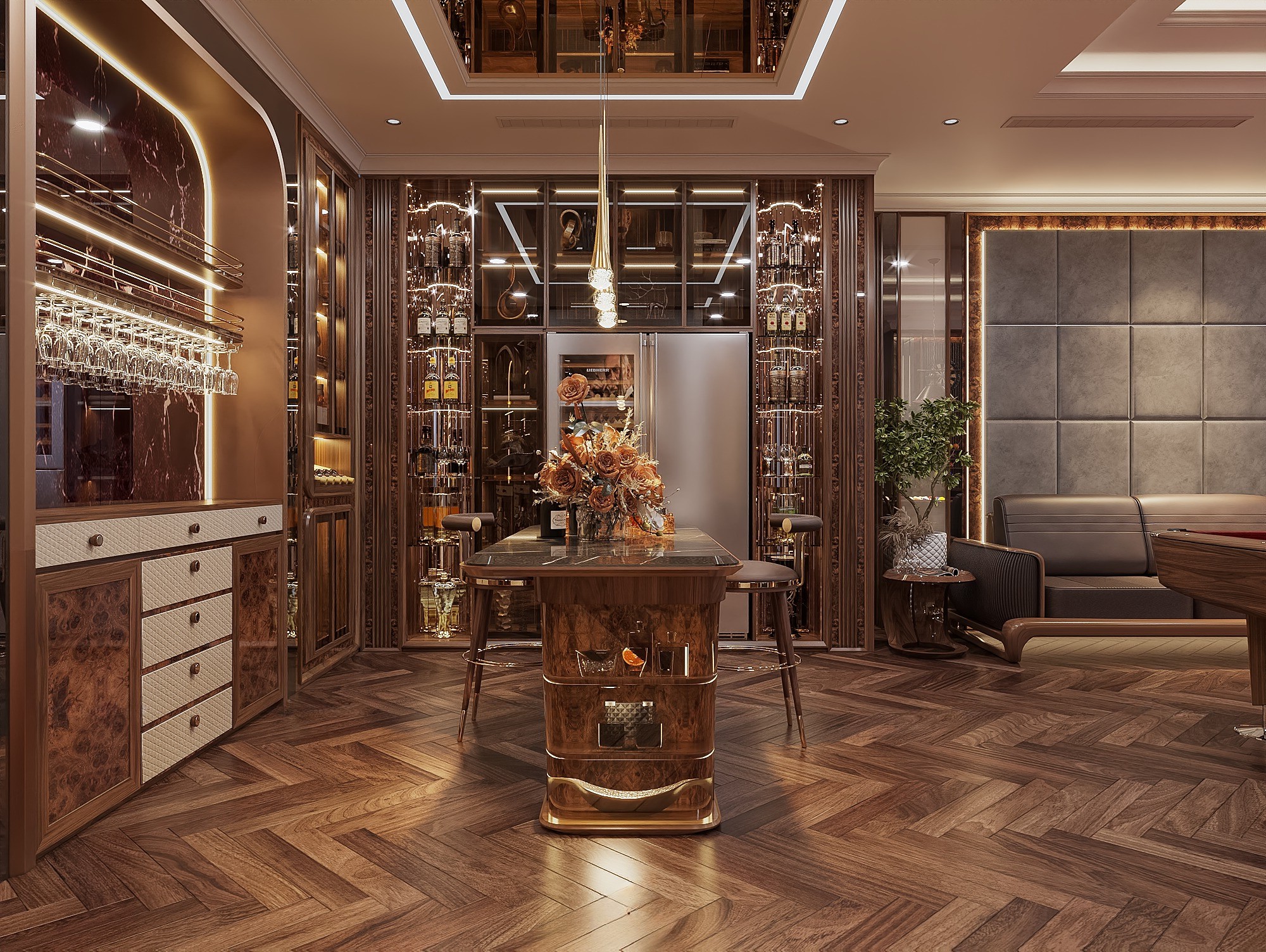 Tủ rượu cánh kính hiện đại, khung gỗ óc chó màu nâu trầm