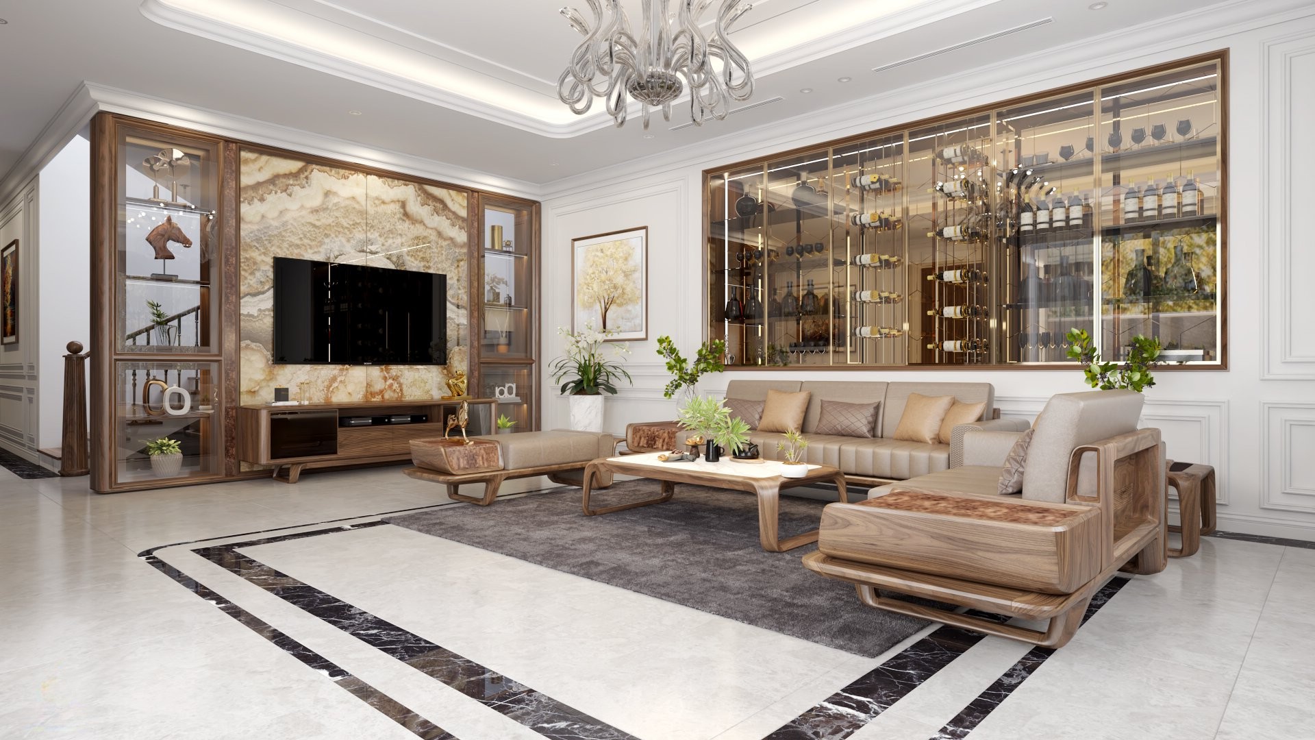 Tủ rượu đẹp phòng khách lửng âm tường khung kim loại mạ vàng