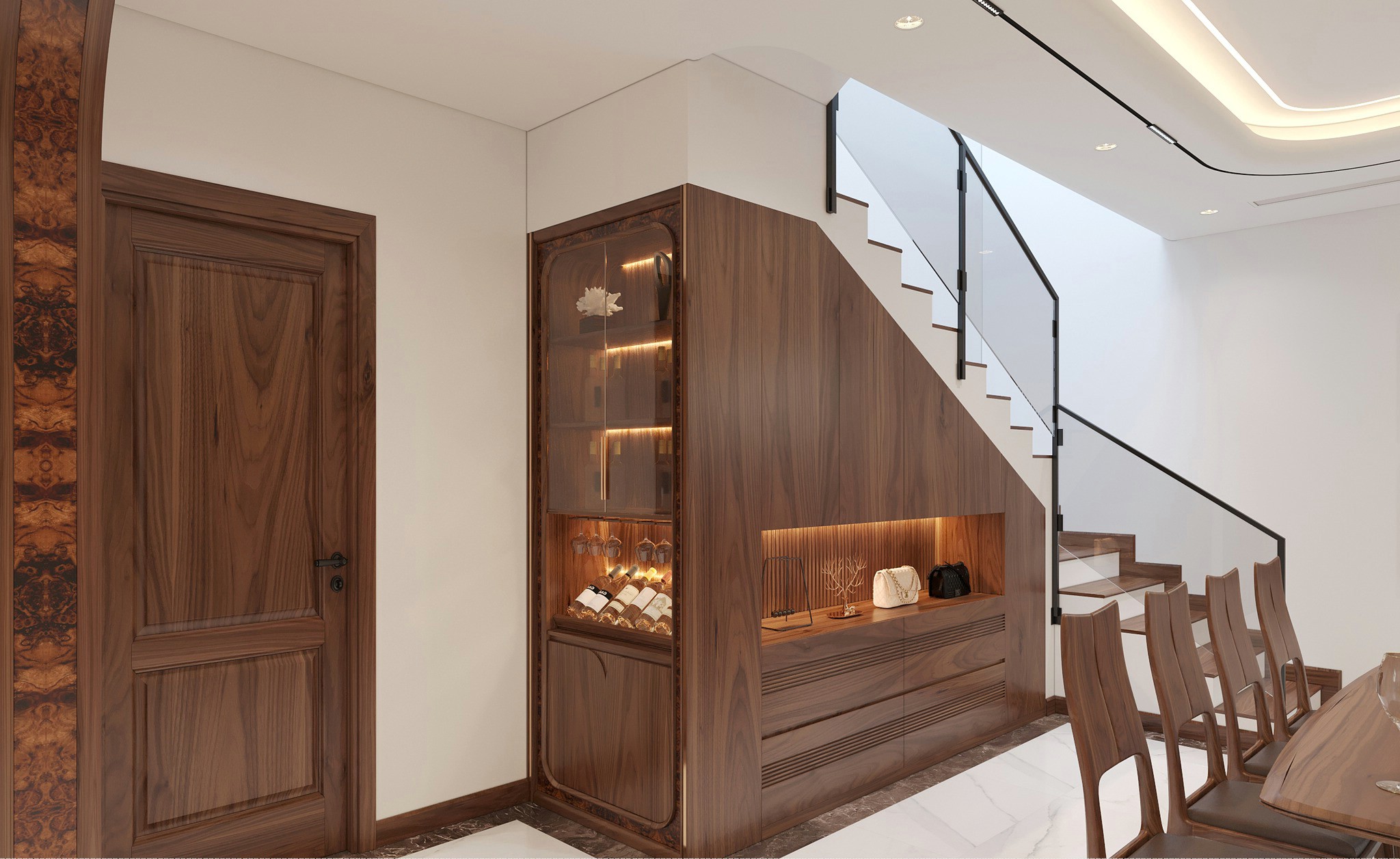 Tủ rượu gỗ tự nhiên thiết kế góc chéo gầm cầu thang với cánh kính và đèn led sang trọng