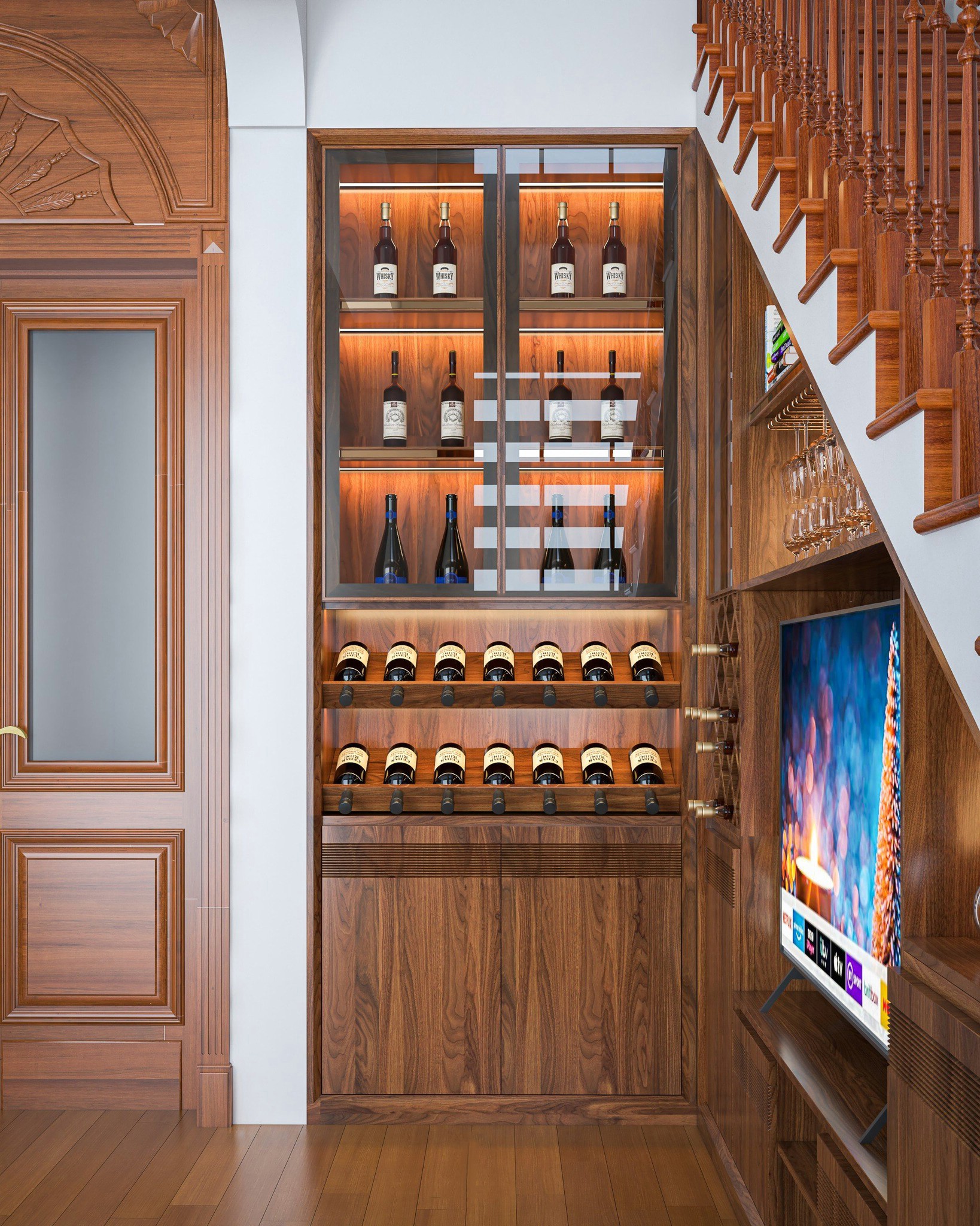 Mẫu tủ rượu góc tường hiện đại chữ L gỗ óc chó