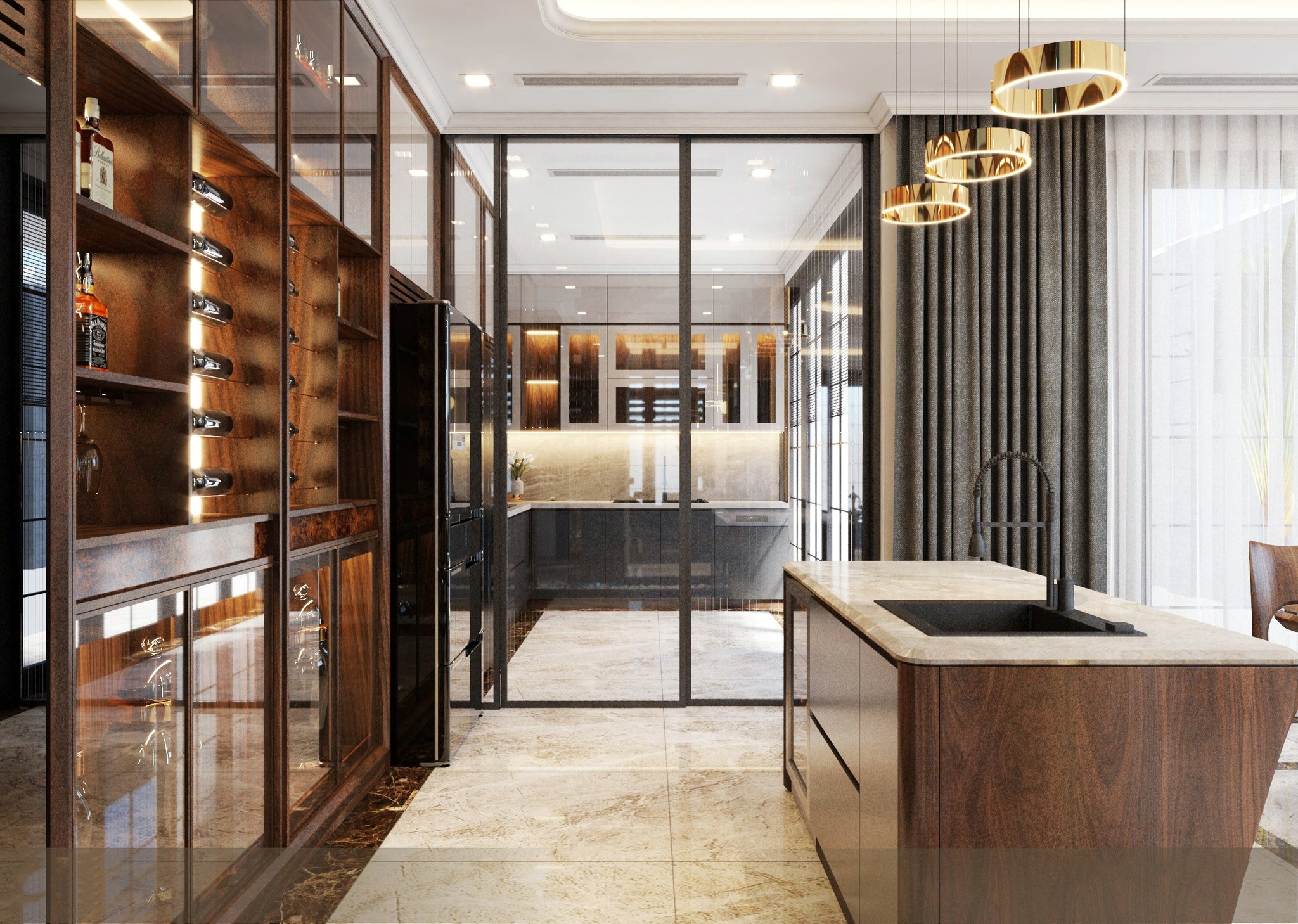 Tủ rượu hiện đại âm tường cánh kính chữ I