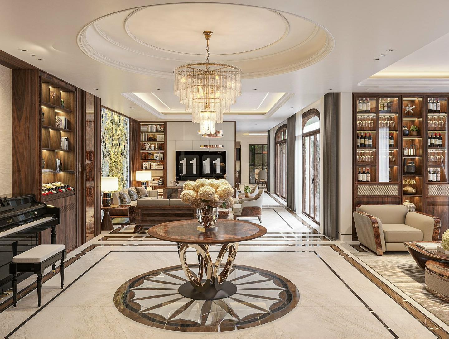 Mẫu tủ rượu phòng khách hiện đại gỗ óc chó âm tường kịch trần