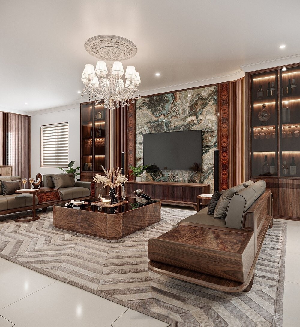 Tủ tivi kết hợp tủ rượu hiện đại gỗ óc chó màu nâu đậm với đèn led âm tủ