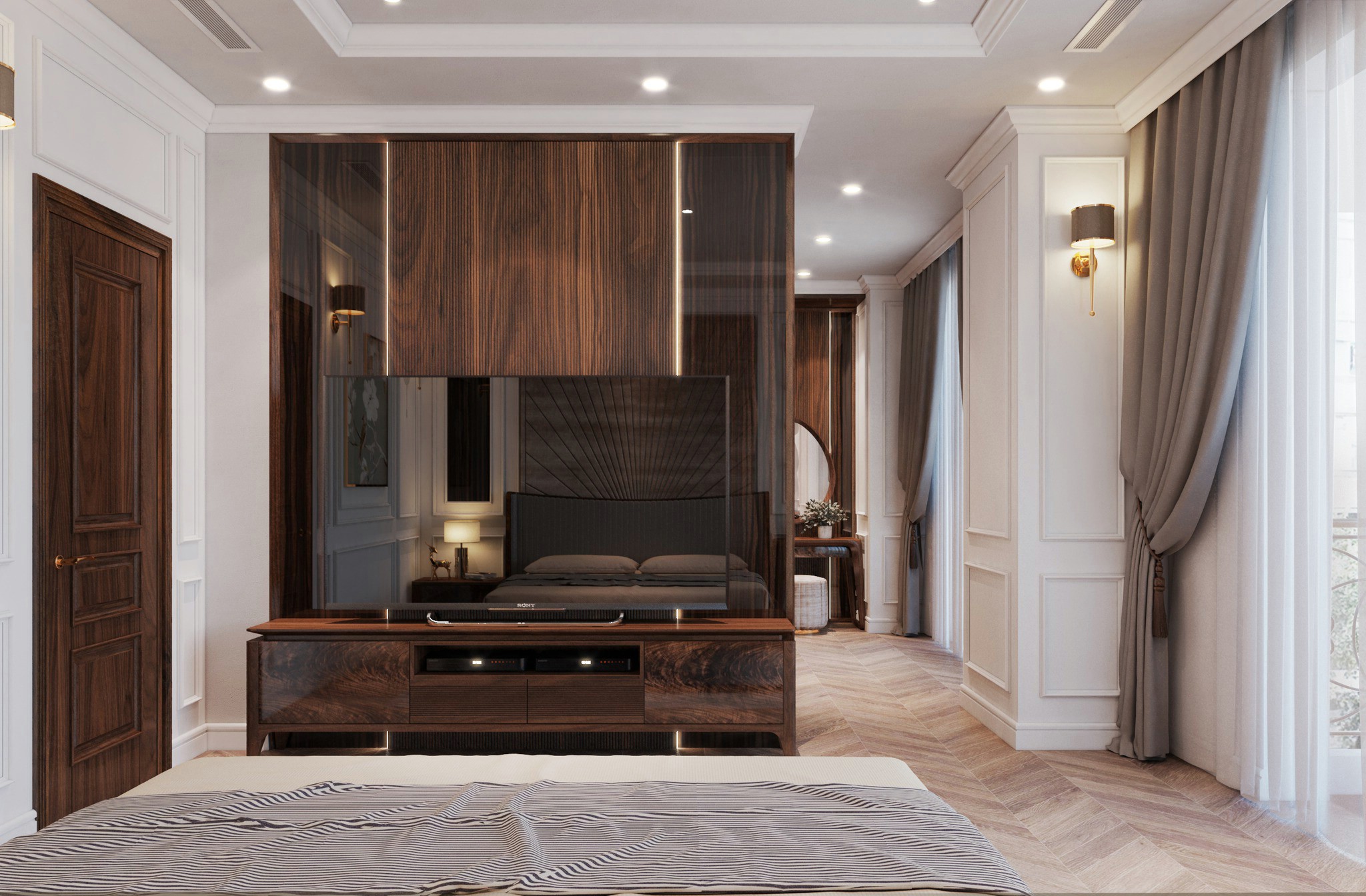 Vách kệ tivi đẹp gỗ óc chó hiện đại