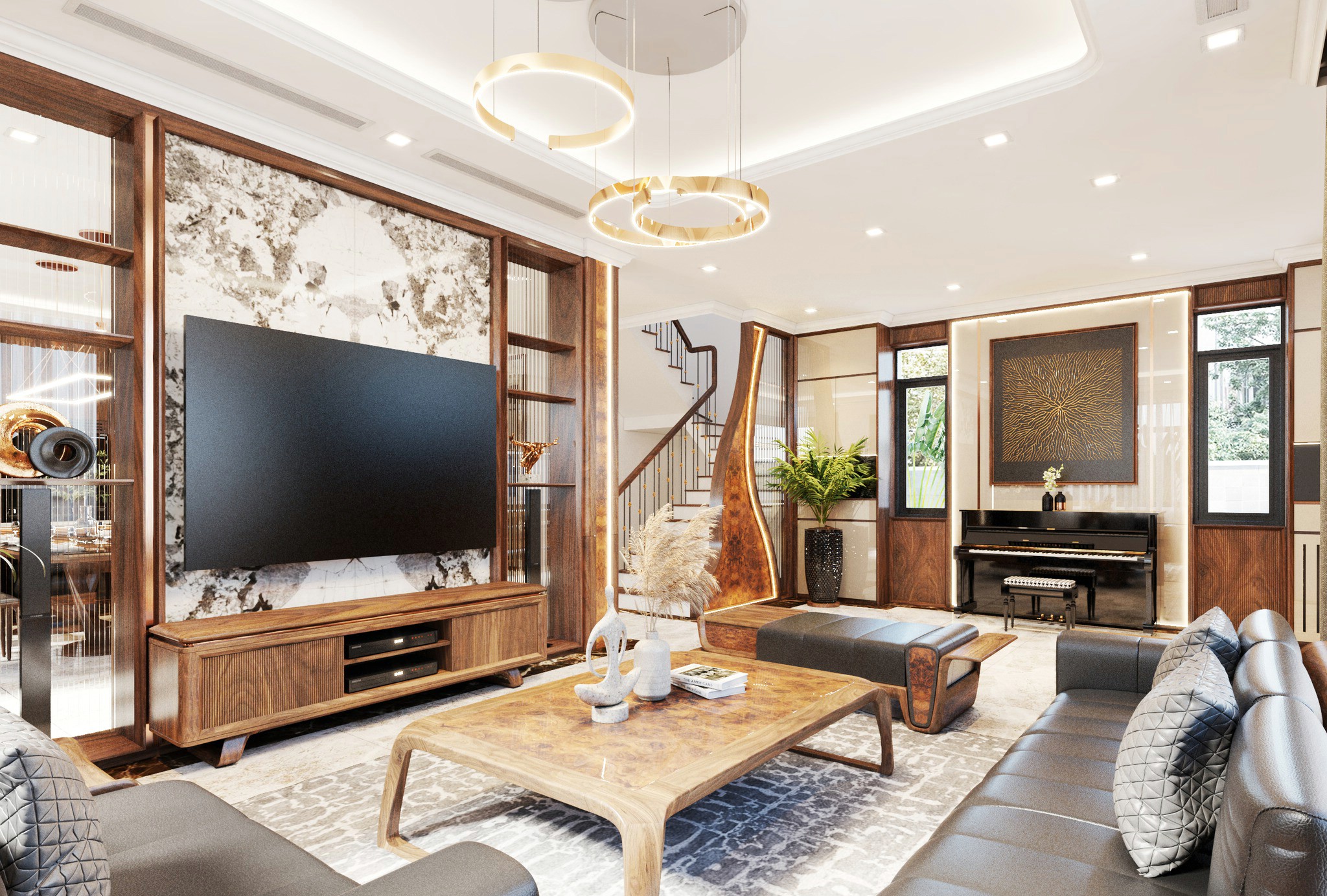 Vách kệ tivi phòng khách hiện đại gỗ sồi Mỹ CNC lam sóng