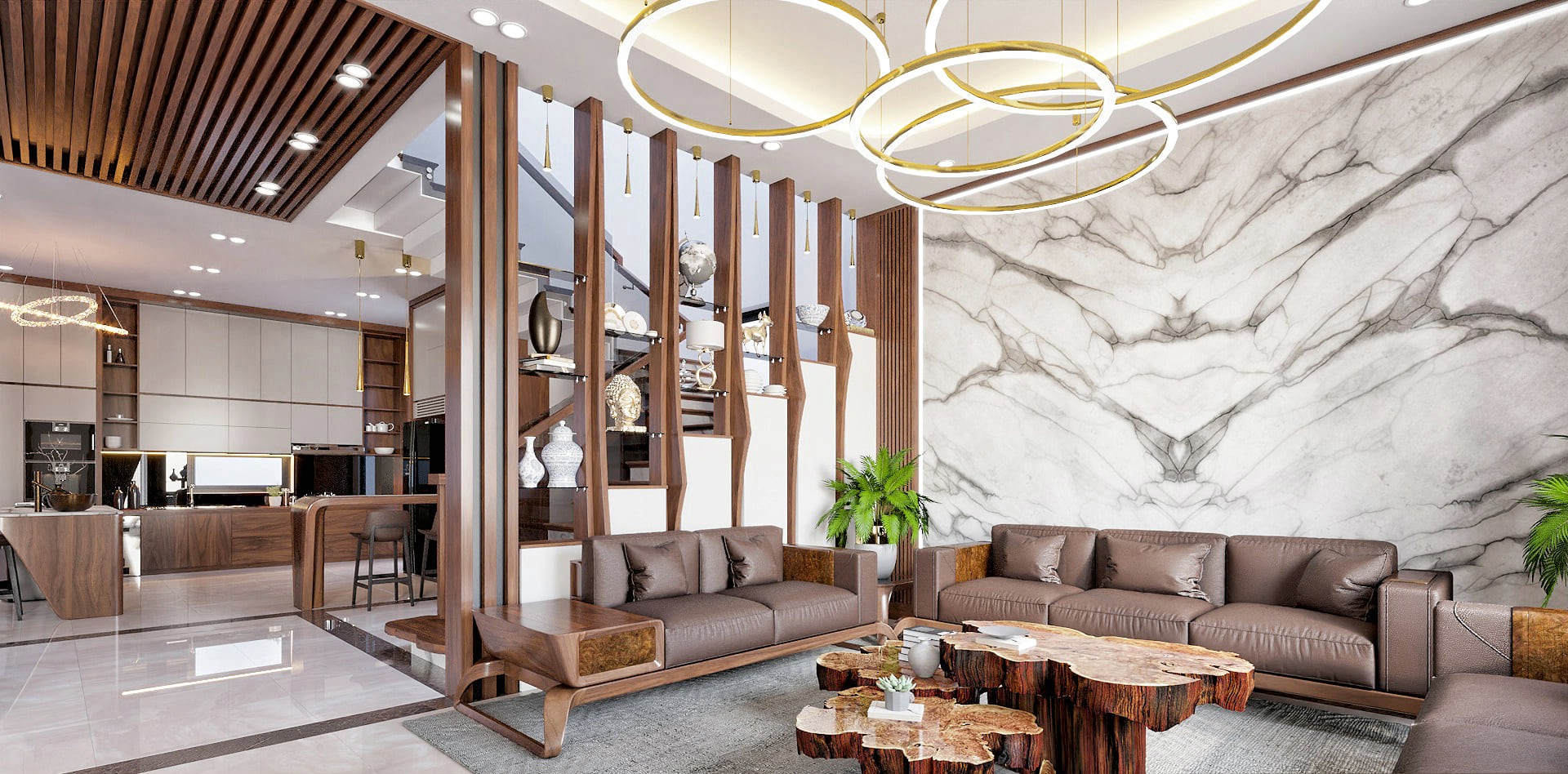 Vách ngăn cầu thang phòng khách bằng gỗ tự nhiên hiện đại