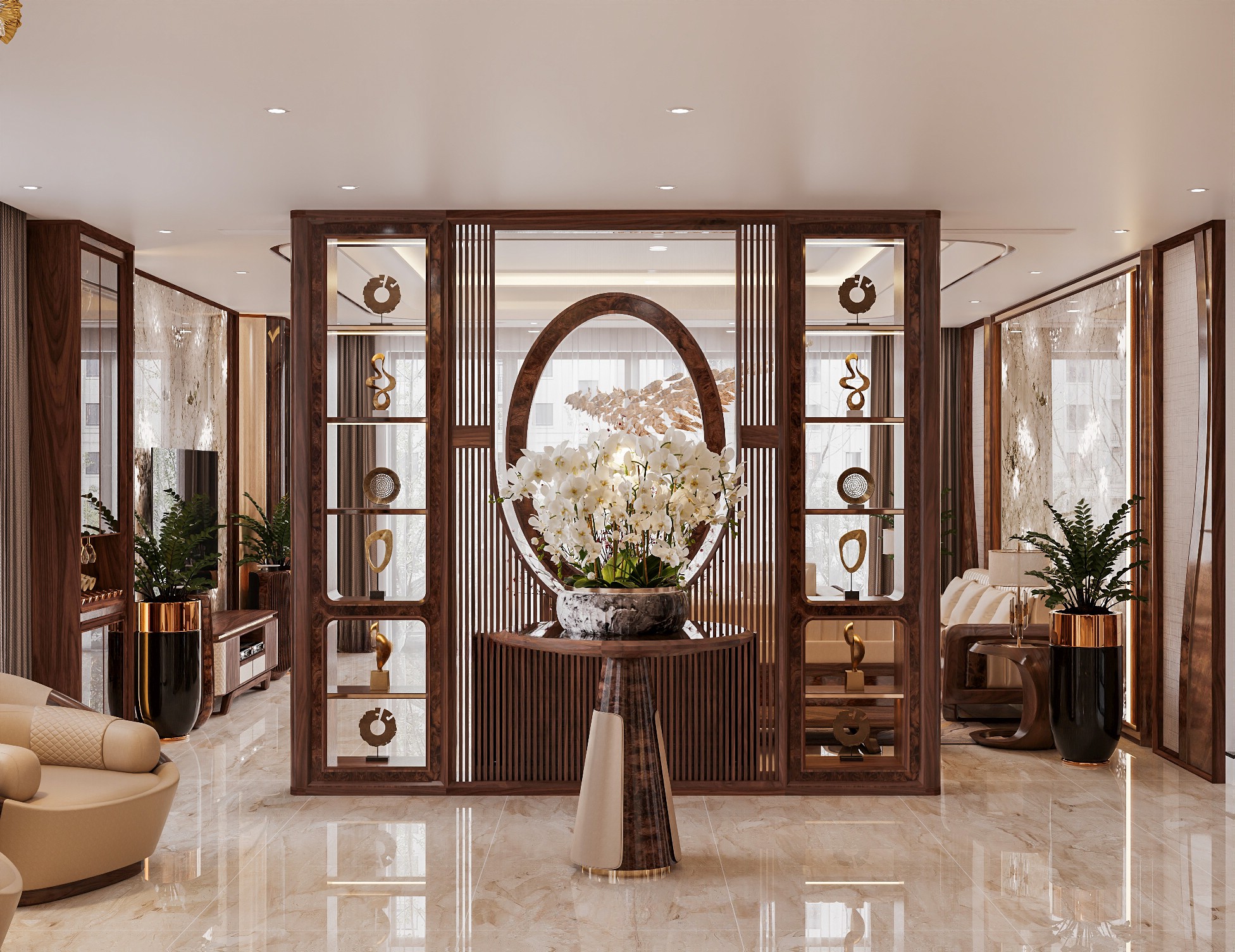 Vách ngăn gỗ phòng khách MDF phủ vân óc chó với kính vòm cung và kệ trang trí hai bên