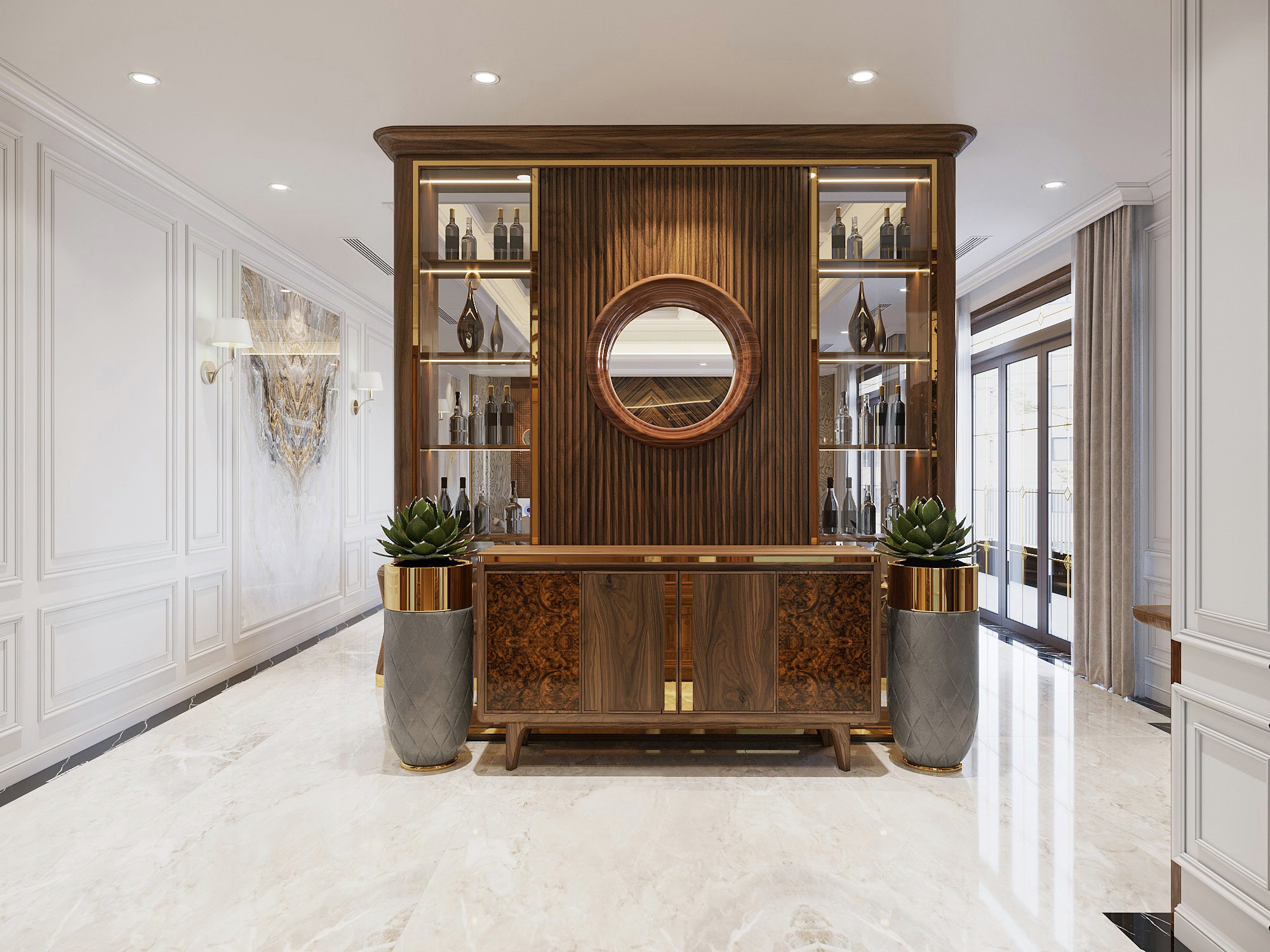 Vách ngăn phòng bằng gỗ óc chó tự nhiên với lam sóng và cutout tròn kính