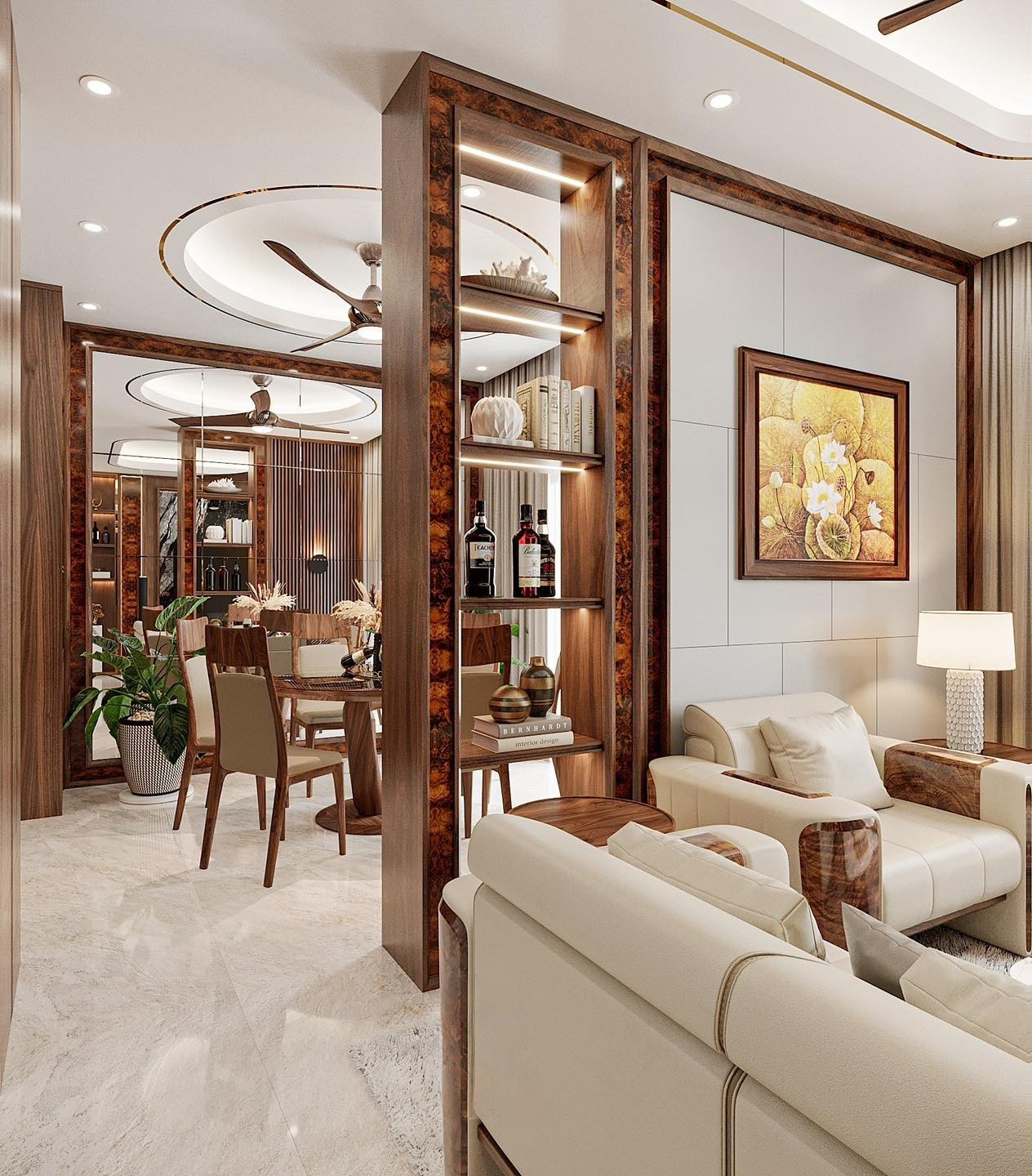 Vách ngăn phòng bếp bằng gỗ chữ I cao kịch trần với tấm ốp sợi tre và kệ trang trí led