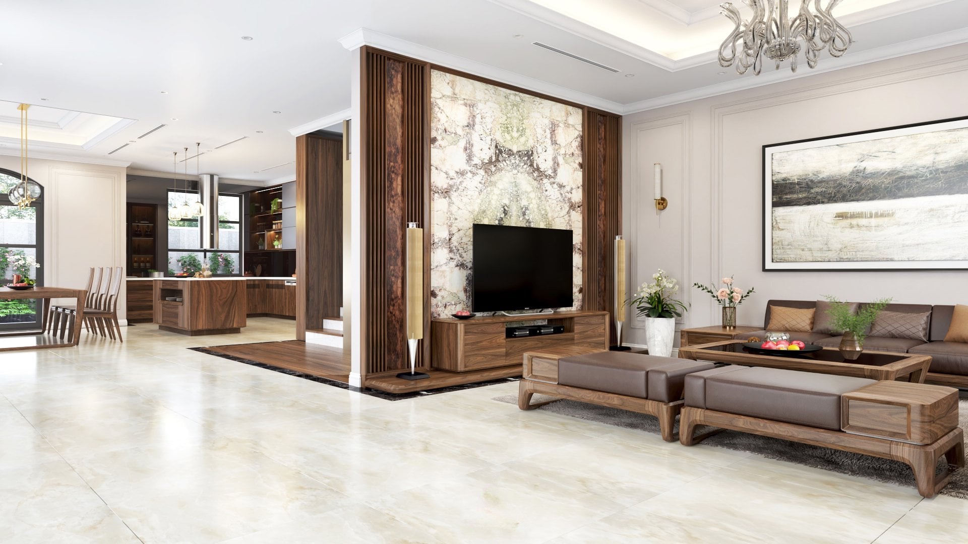 Vách ngăn tivi hiện đại với ốp lam sóng gỗ và nhựa PVC giả đá đối xứng